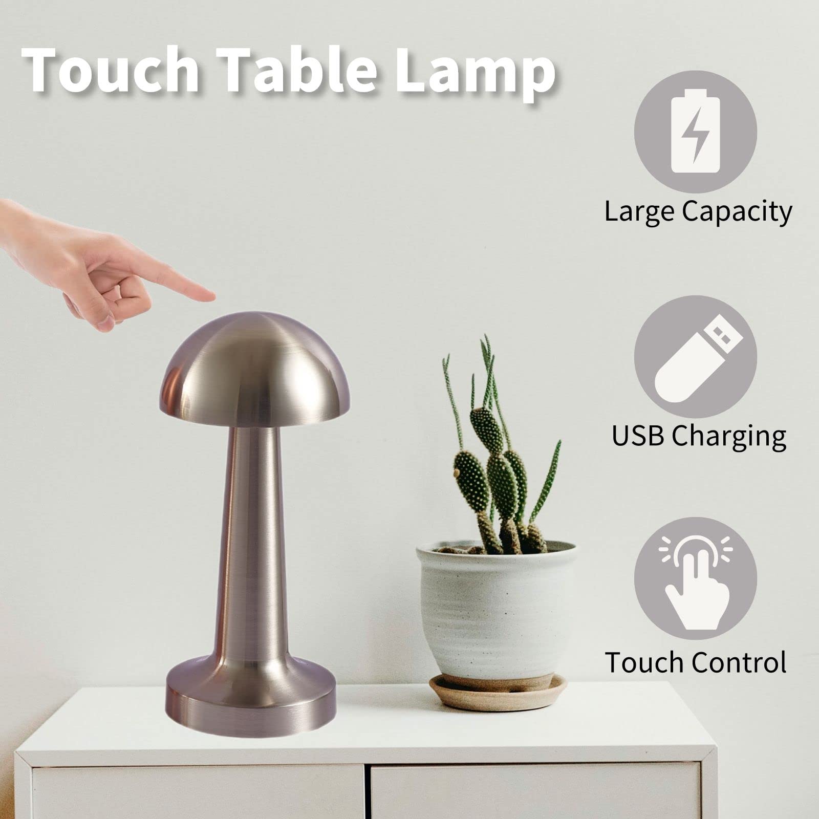 Foto 3 pulgar | Lámpara de Mesa Bedside Touch Inalámbrica Recargable Led Plateada - Venta Internacional