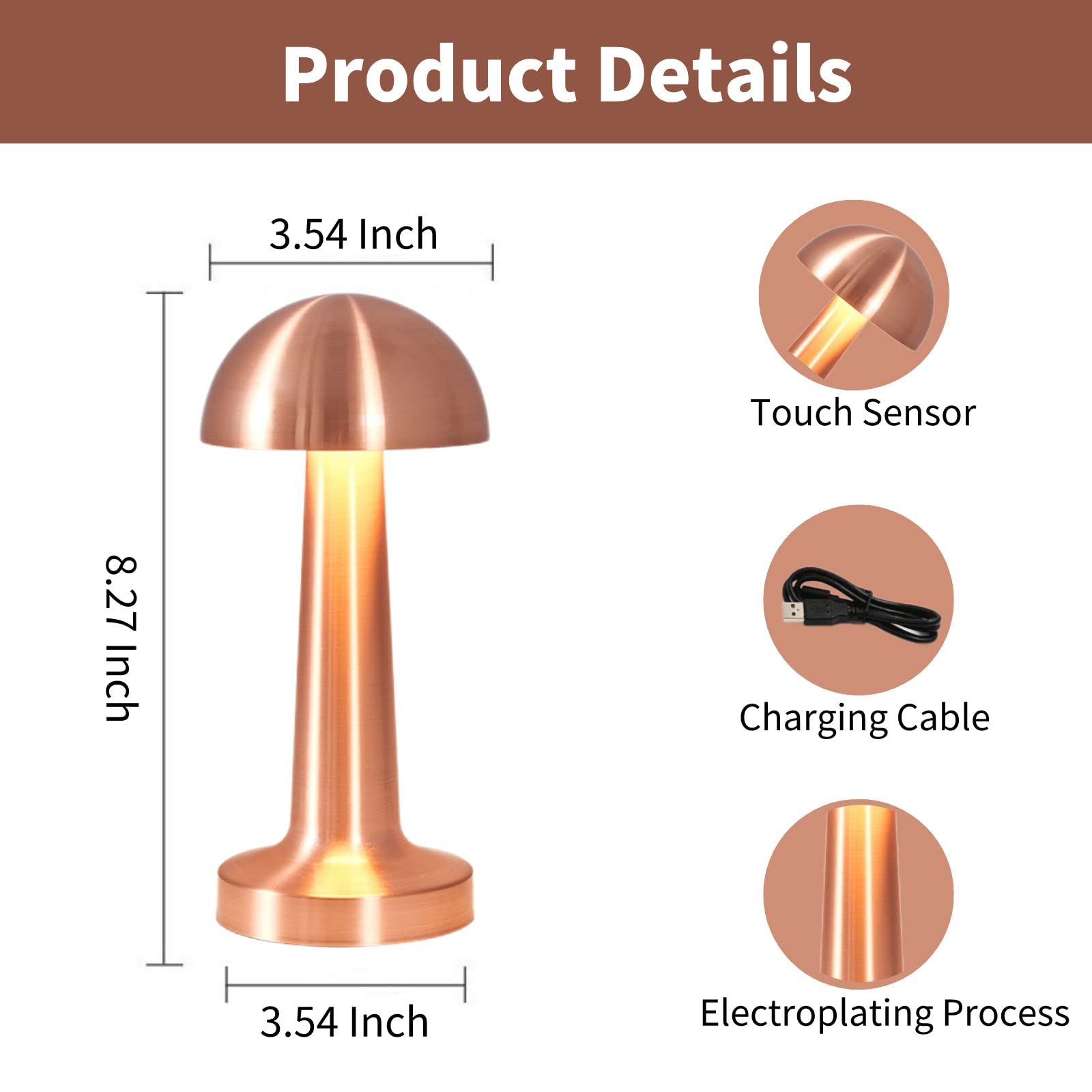 Foto 7 pulgar | Lámpara de Mesa Bedside Touch Inalámbrica Recargable Led Oro Rosa - Venta Internacional