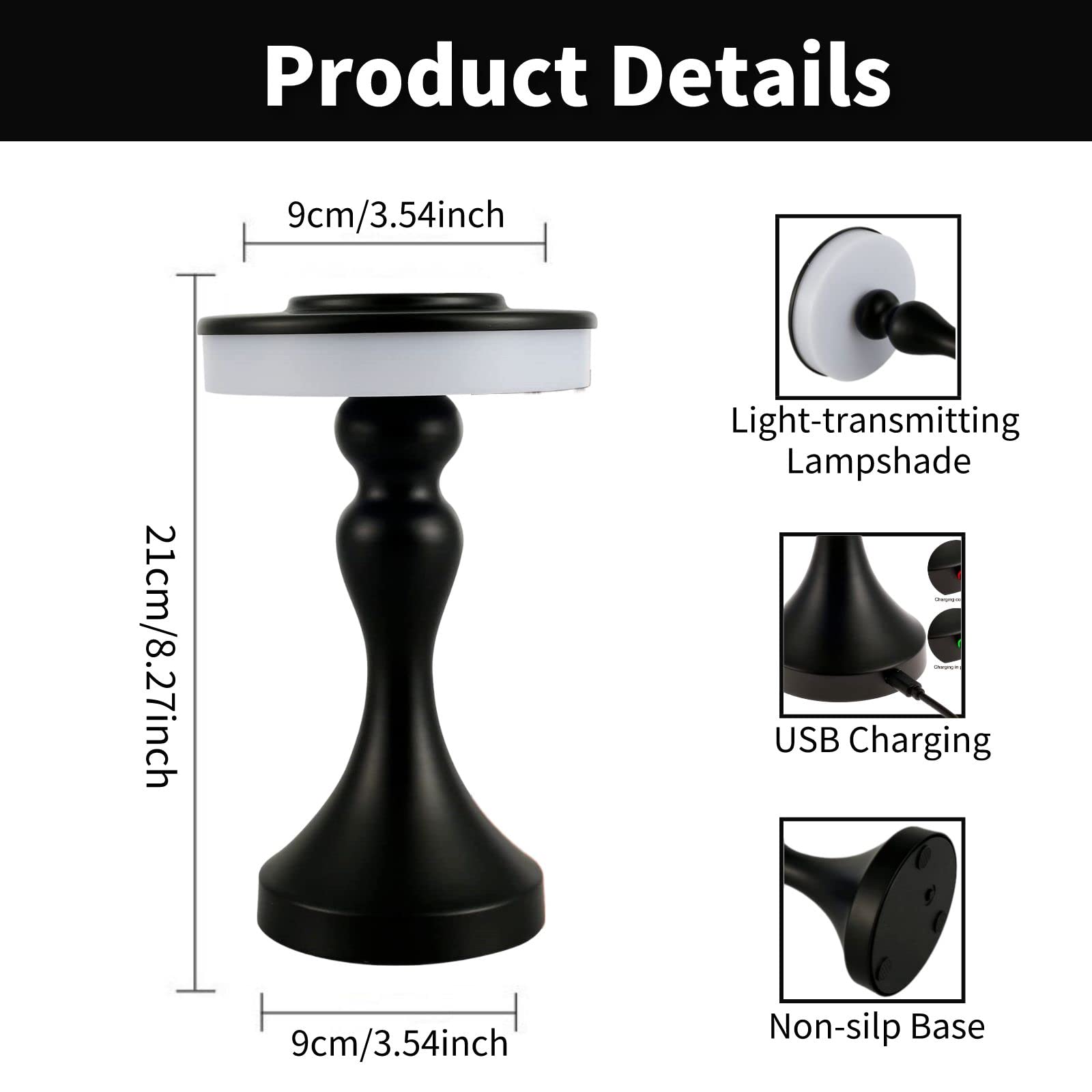 Foto 7 pulgar | Lámpara De Mesa Gzkpl, Mesita De Noche Inalámbrica, Led Regulable, Negra - Venta Internacional.