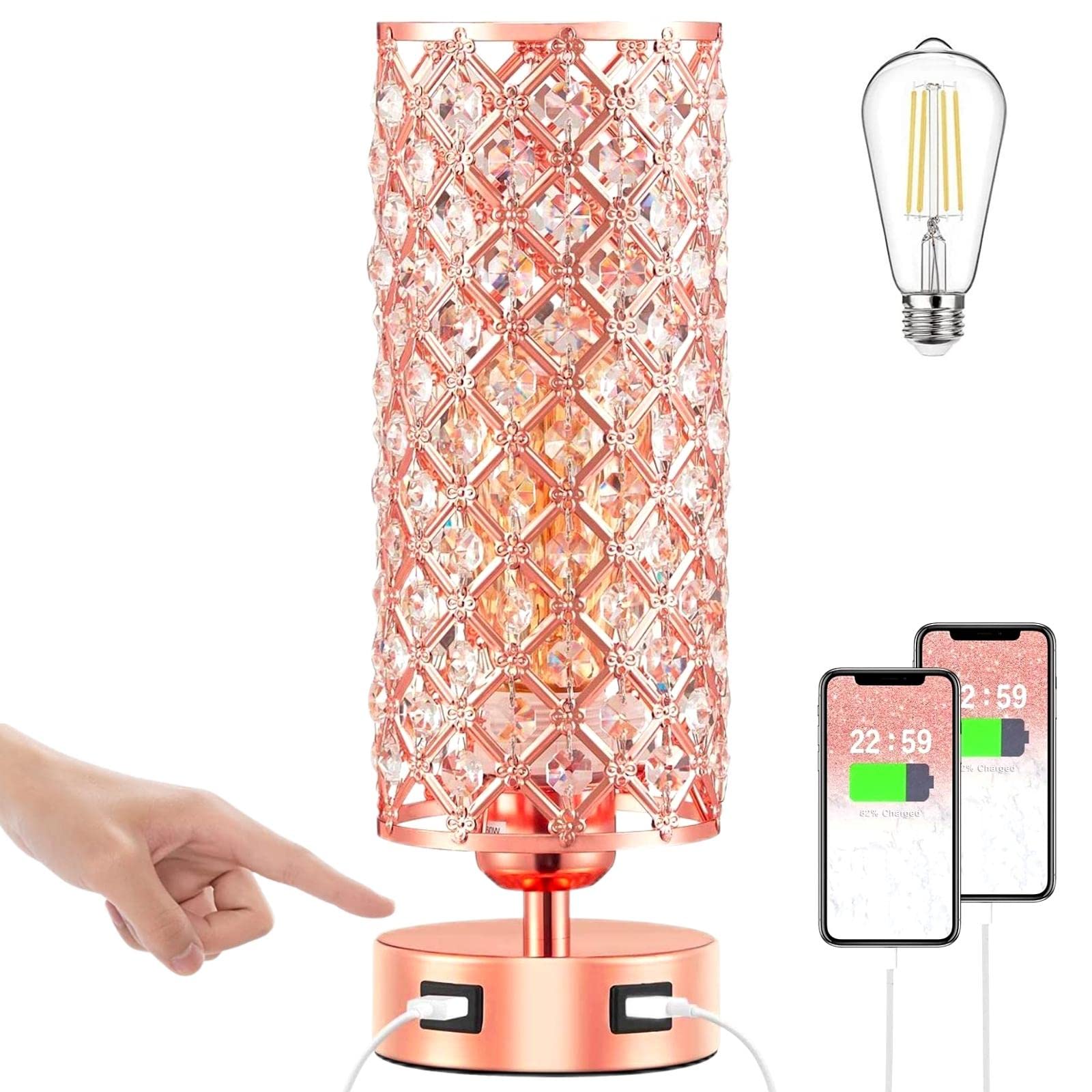 Foto 2 pulgar | Lámpara De Mesa Gzkpl Crystal Touch Control En Oro Rosa Con Puerto Usb - Venta Internacional.