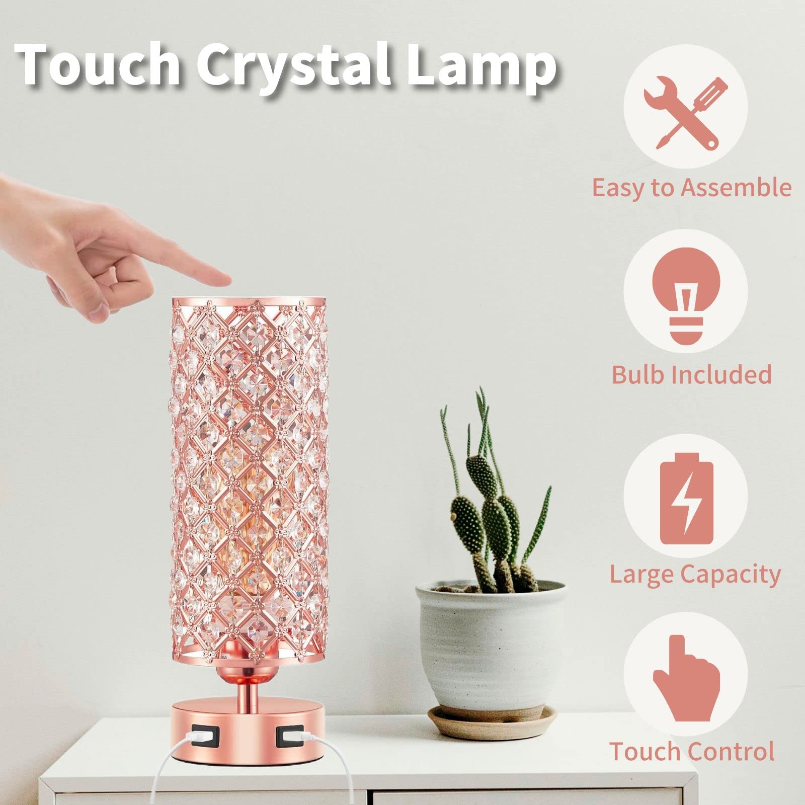 Foto 3 pulgar | Lámpara De Mesa Gzkpl Crystal Touch Control En Oro Rosa Con Puerto Usb - Venta Internacional.