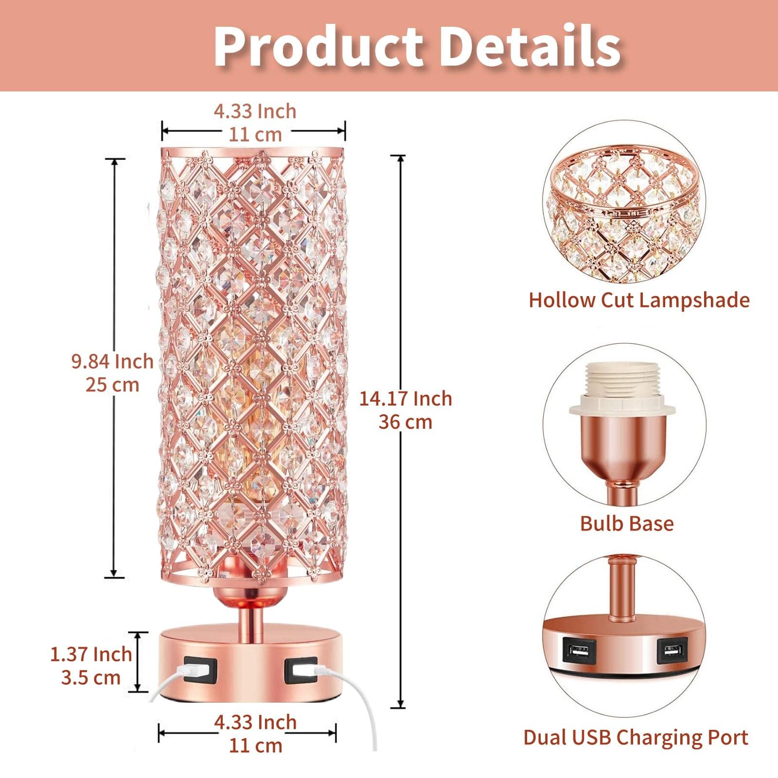 Foto 5 | Lámpara De Mesa Gzkpl Crystal Touch Control En Oro Rosa Con Puerto Usb - Venta Internacional.