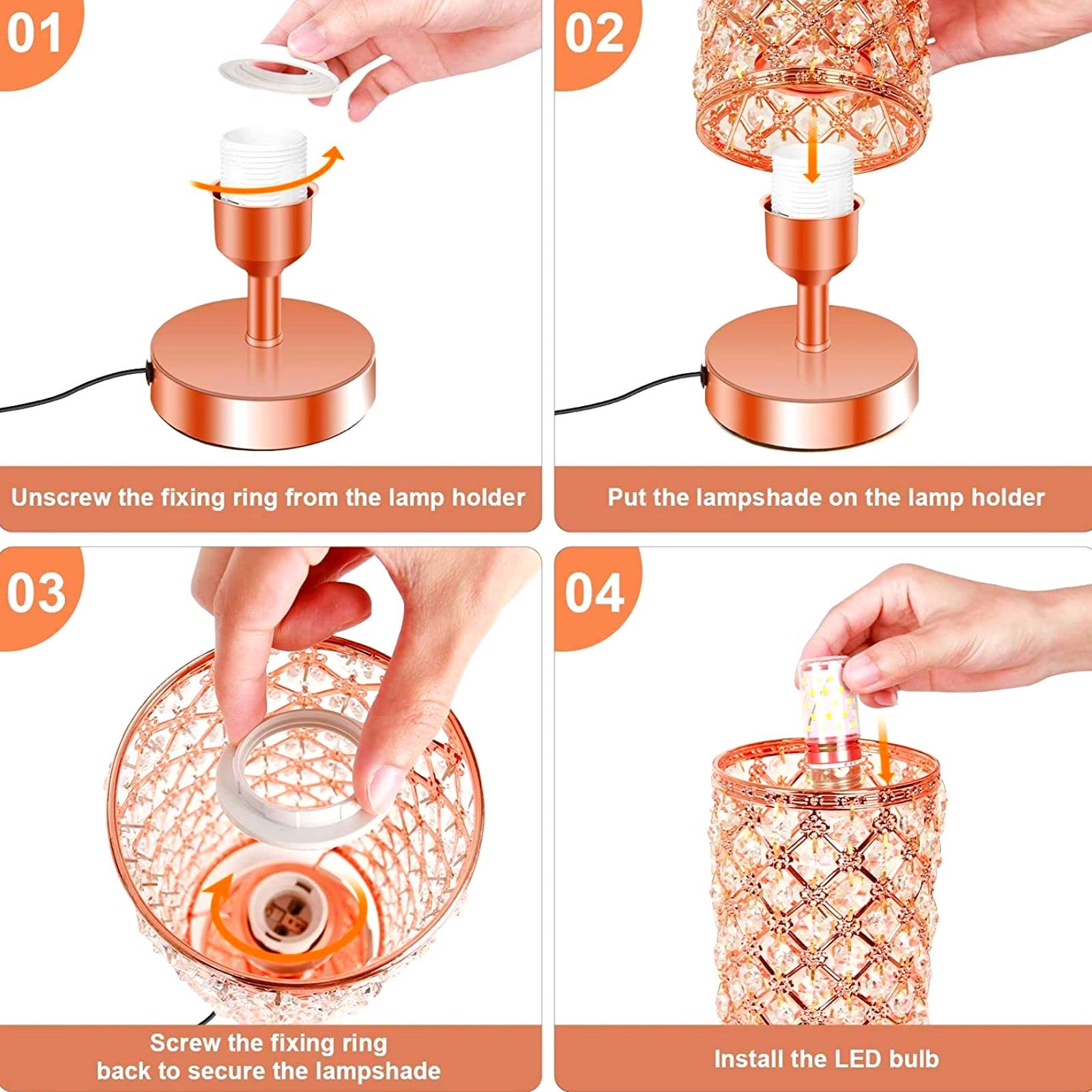Foto 7 pulgar | Lámpara De Mesa Gzkpl Crystal Touch Control En Oro Rosa Con Puerto Usb - Venta Internacional.