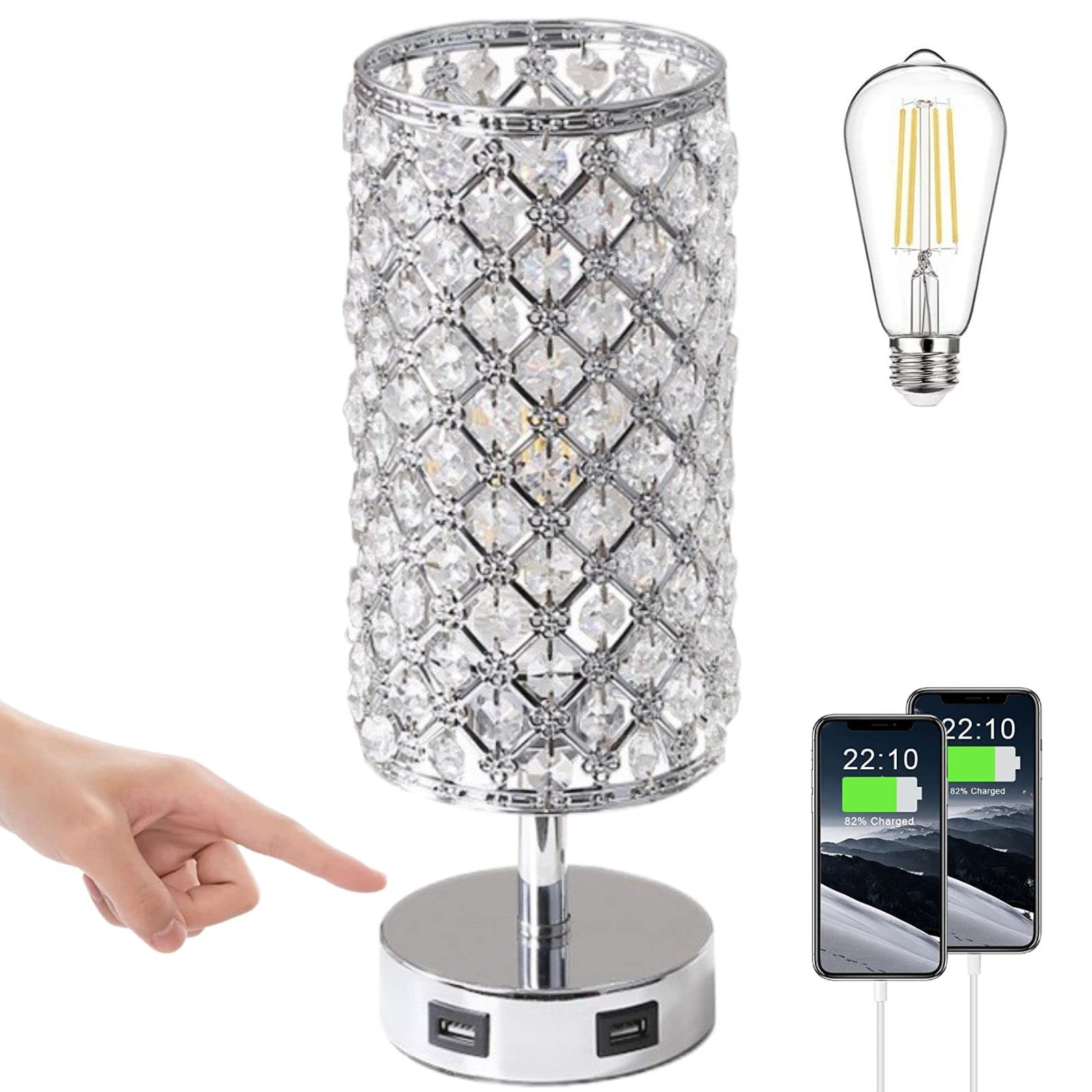 Lámpara De Mesa Crystal Gzkpl Touch Control Con Doble Puerto Usb - Venta Internacional.