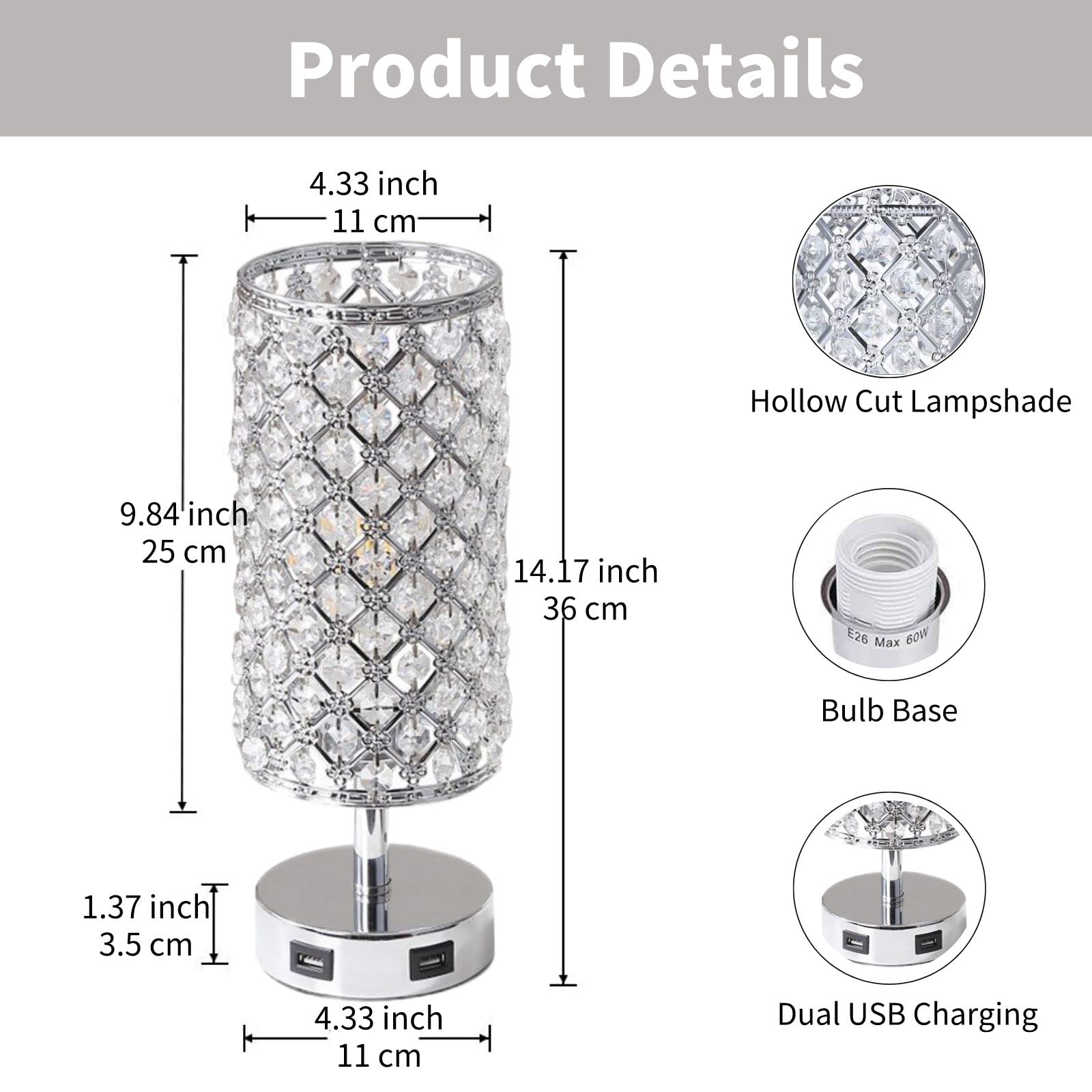 Foto 5 | Lámpara De Mesa Crystal Gzkpl Touch Control Con Doble Puerto Usb - Venta Internacional.