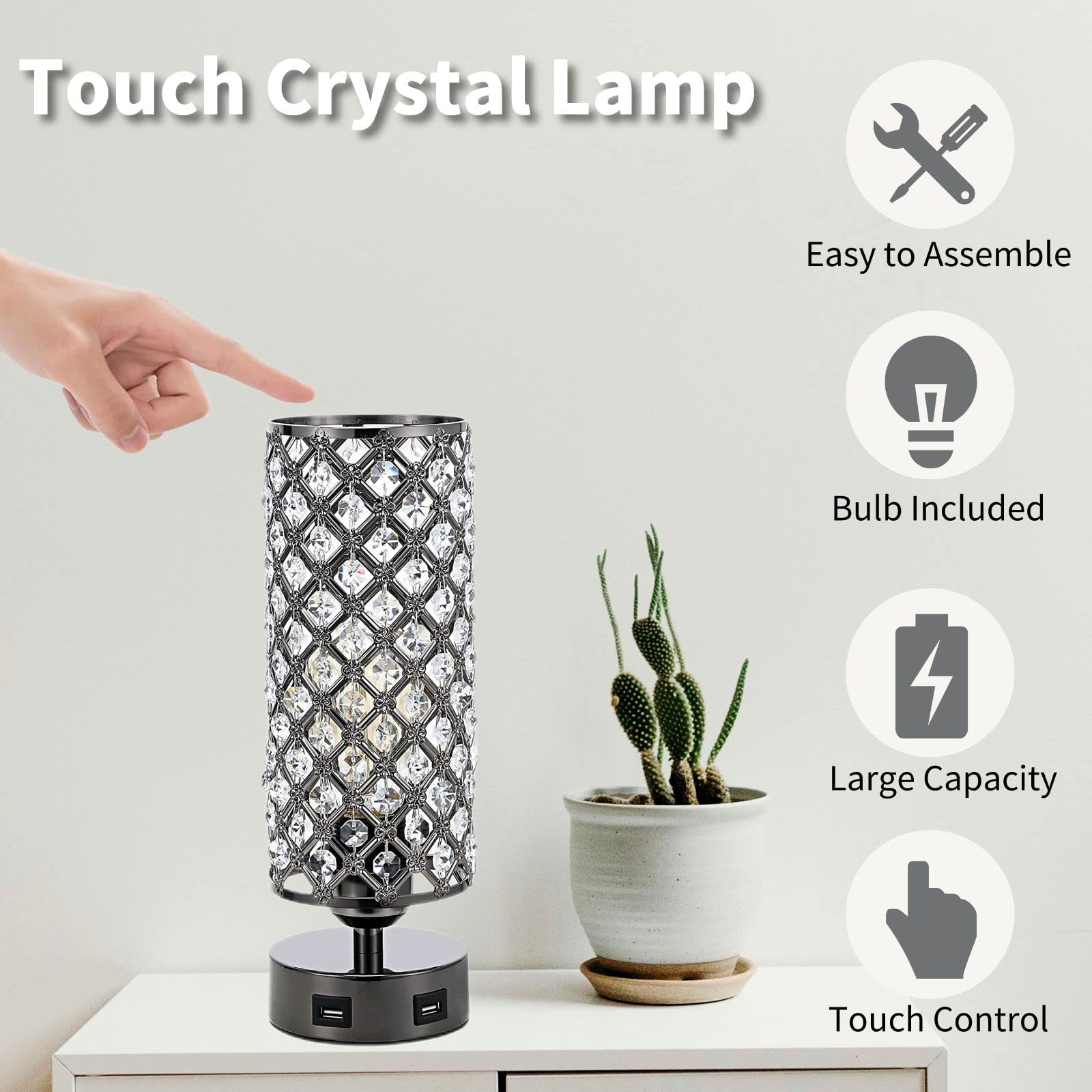 Foto 3 pulgar | Lámpara De Mesa Crystal Gzkpl Touch Control Con Doble Puerto Usb - Venta Internacional.