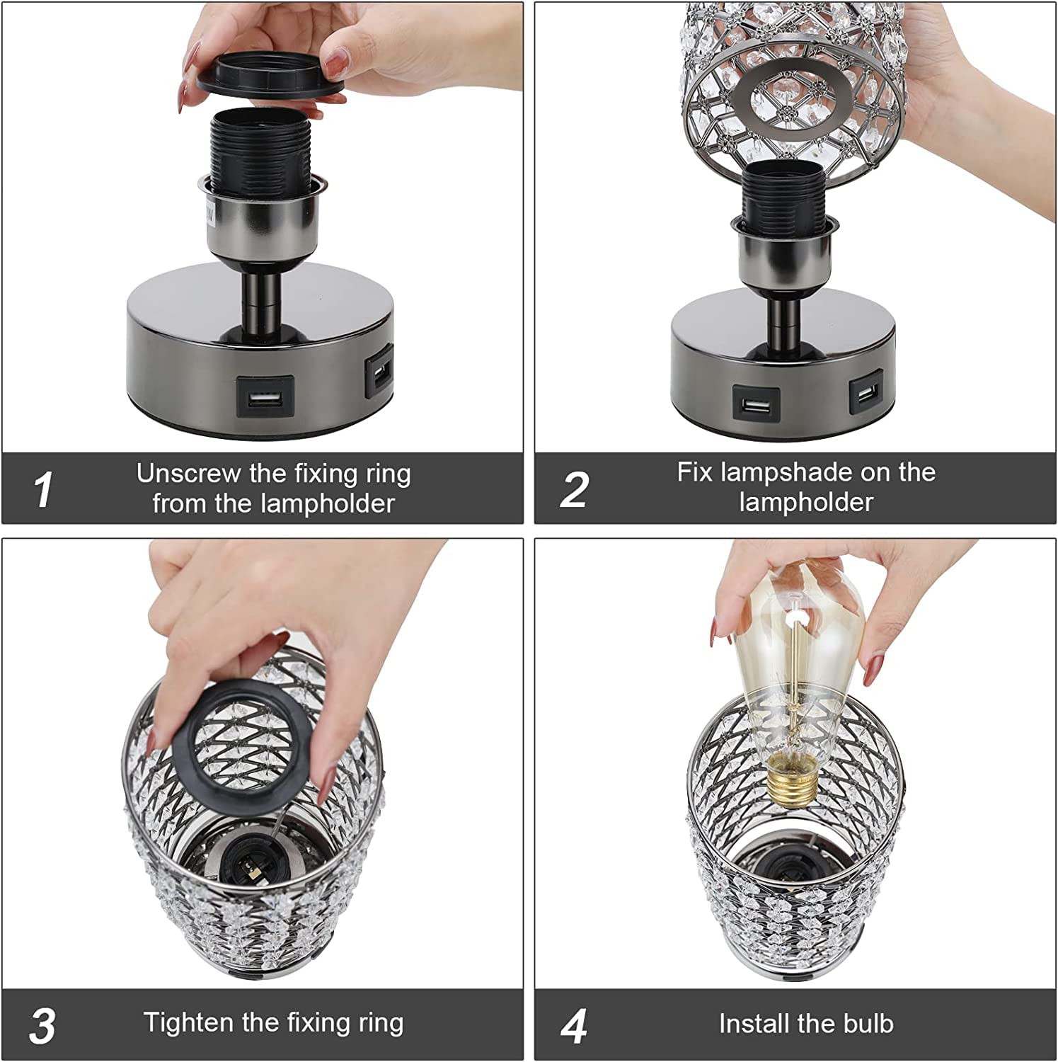 Foto 6 | Lámpara De Mesa Crystal Gzkpl Touch Control Con Doble Puerto Usb - Venta Internacional.