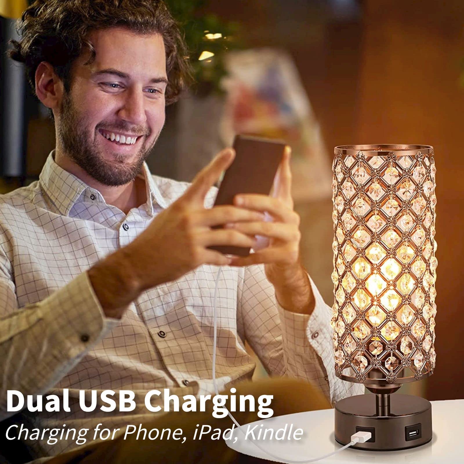 Foto 7 | Lámpara De Mesa Crystal Gzkpl Touch Control Con Doble Puerto Usb - Venta Internacional.