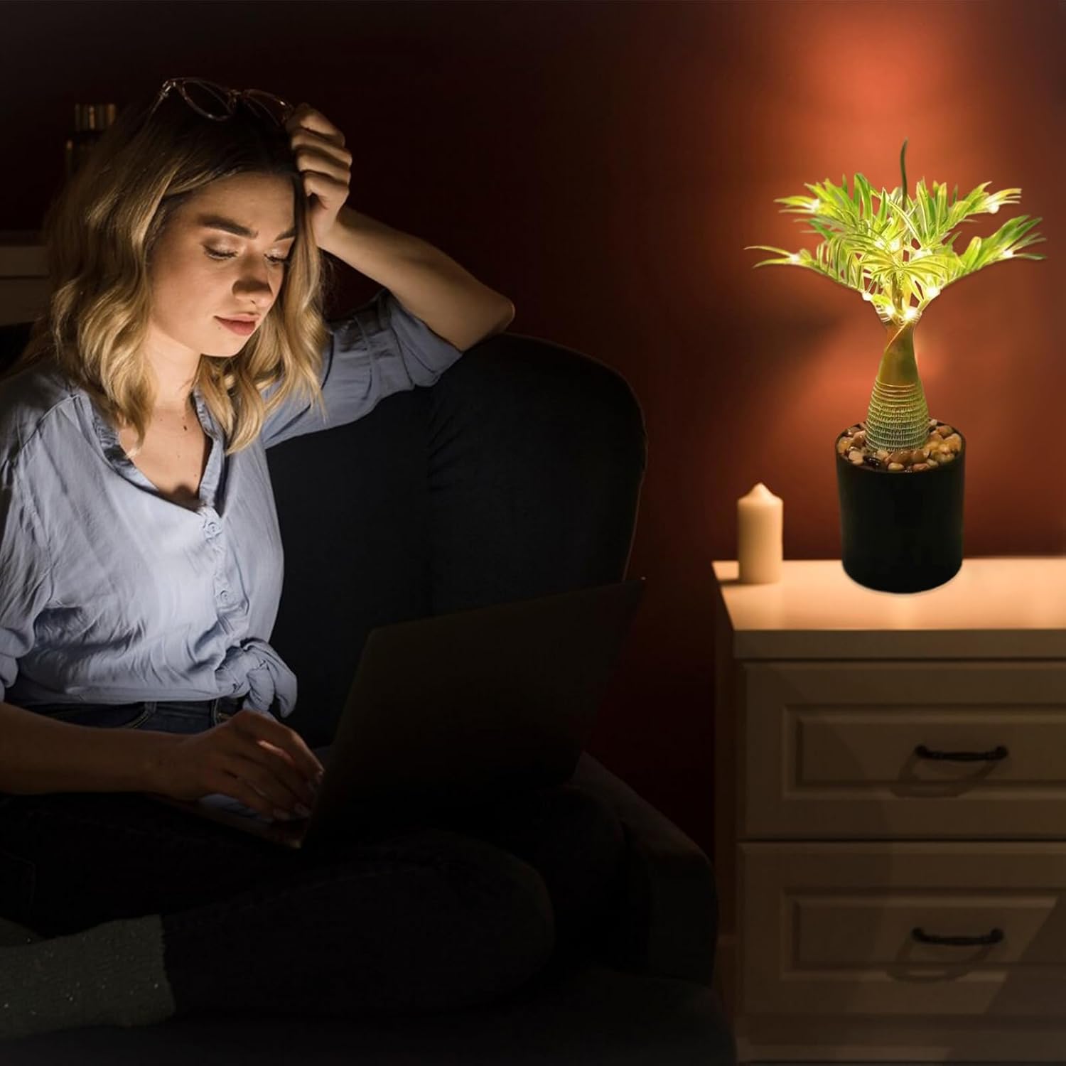 Foto 2 | Lampara De Noche Tipo Palmera Con Luz Led Y Piedras Decorativas