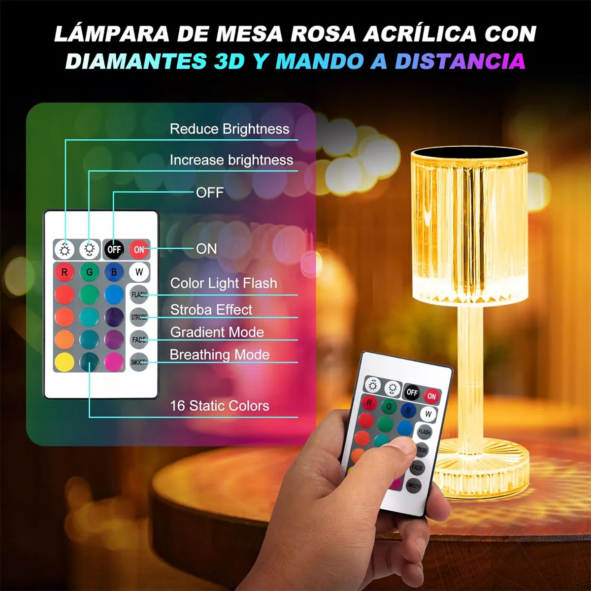 Foto 6 pulgar | Lámpara De Noche De Cristal 16 Colores Recargable Por Usb