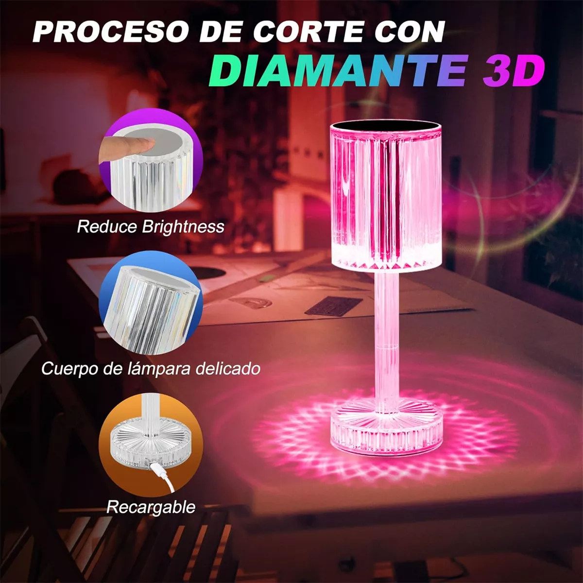 Foto 7 pulgar | Lámpara De Noche De Cristal 16 Colores Recargable Por Usb