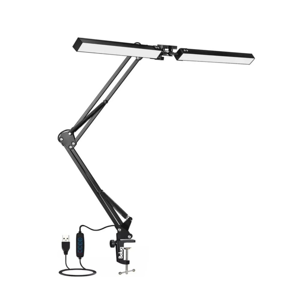 Lámpara De Escritorio Led Doble Brazo Oficina Usb Belug, Negro