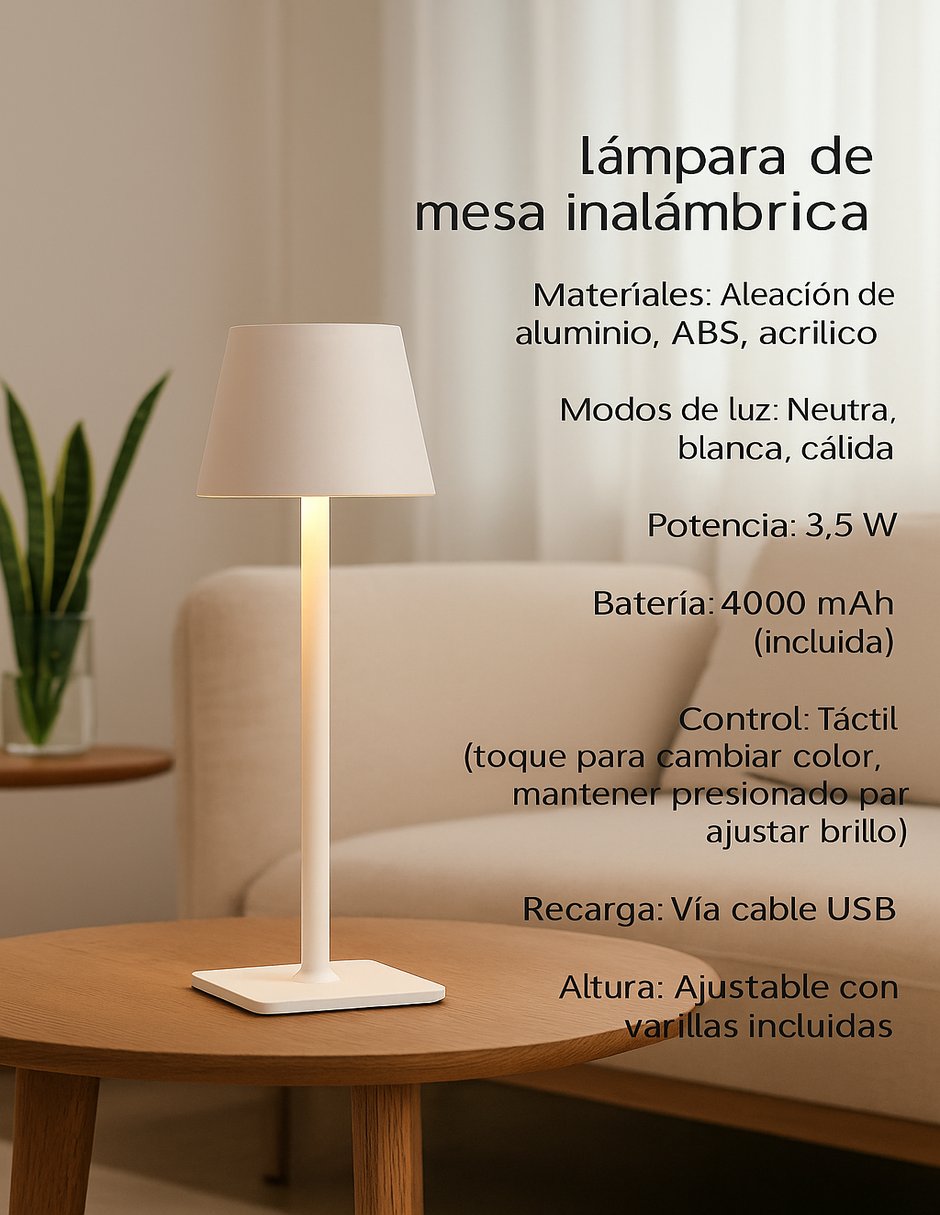 Foto 5 pulgar | Lámpara De Mesa Led Inalámbrica Recargable – 3 Modos De Luz, Control Táctil, Altura Ajustable