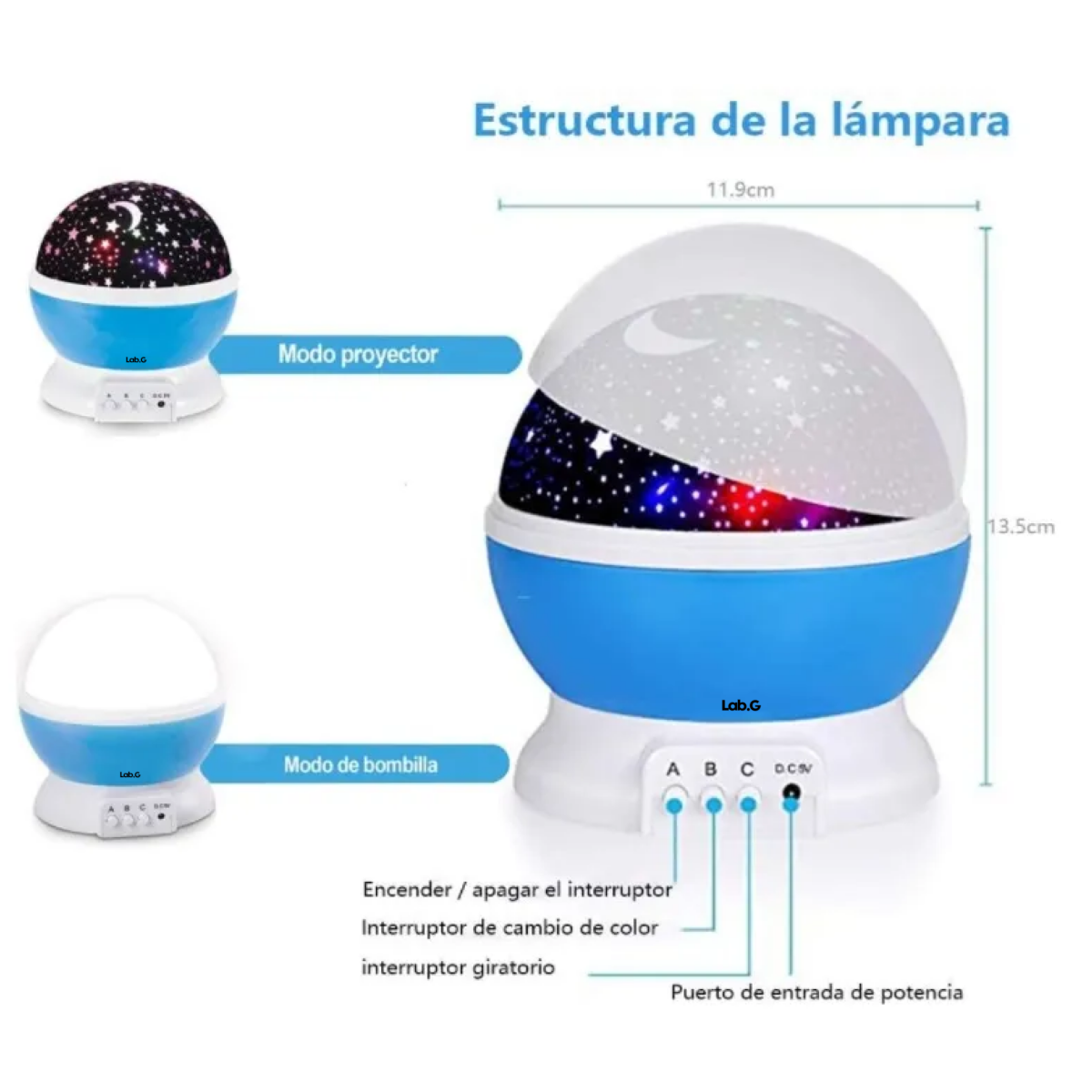 Foto 2 | Lampara Proyector Estrellas Luz Led Giratoria Lab.g Azul