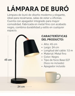 Foto 2 | Lámpara De Buró Con Apagador Color Negro | Base E27 | 45 Cm De Alto