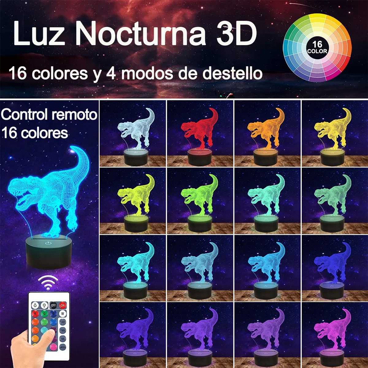 Foto 3 pulgar | Lampara De Noche 3d Led Acrílico De Dinosaurios De 16colores