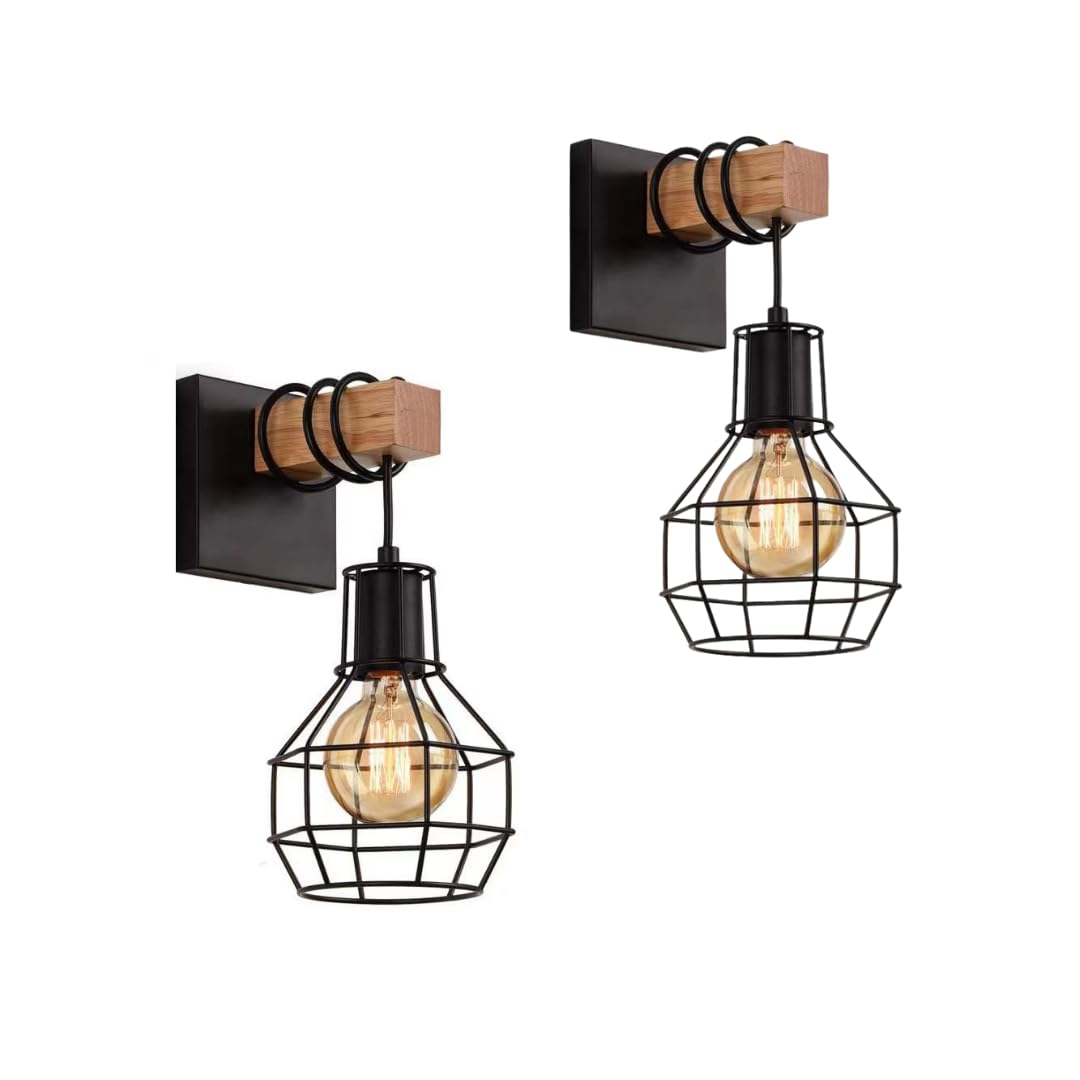 Juego De Apliques De Pared Vintage Charm Industrial Black Metal Wood - Venta Internacional.