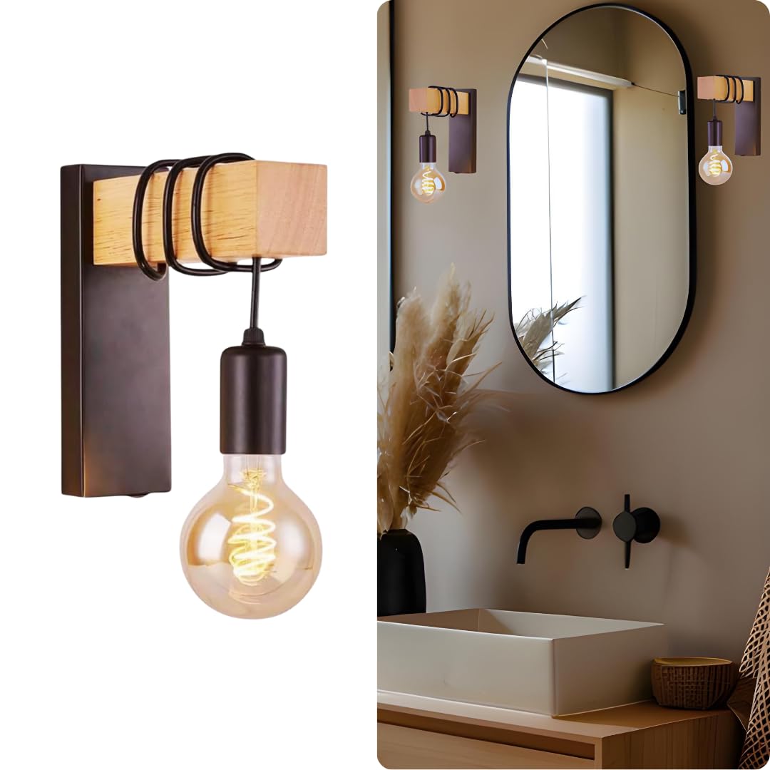 Lámpara De Pared Ligera Industrial Rústica De Metal Negro Y Madera - Venta Internacional.