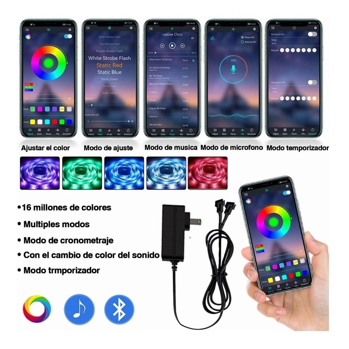 Foto 5 pulgar | Tira De Luz Led 5050 Rgb Control Y App  Bluetooth Audioritmica 10 Metros