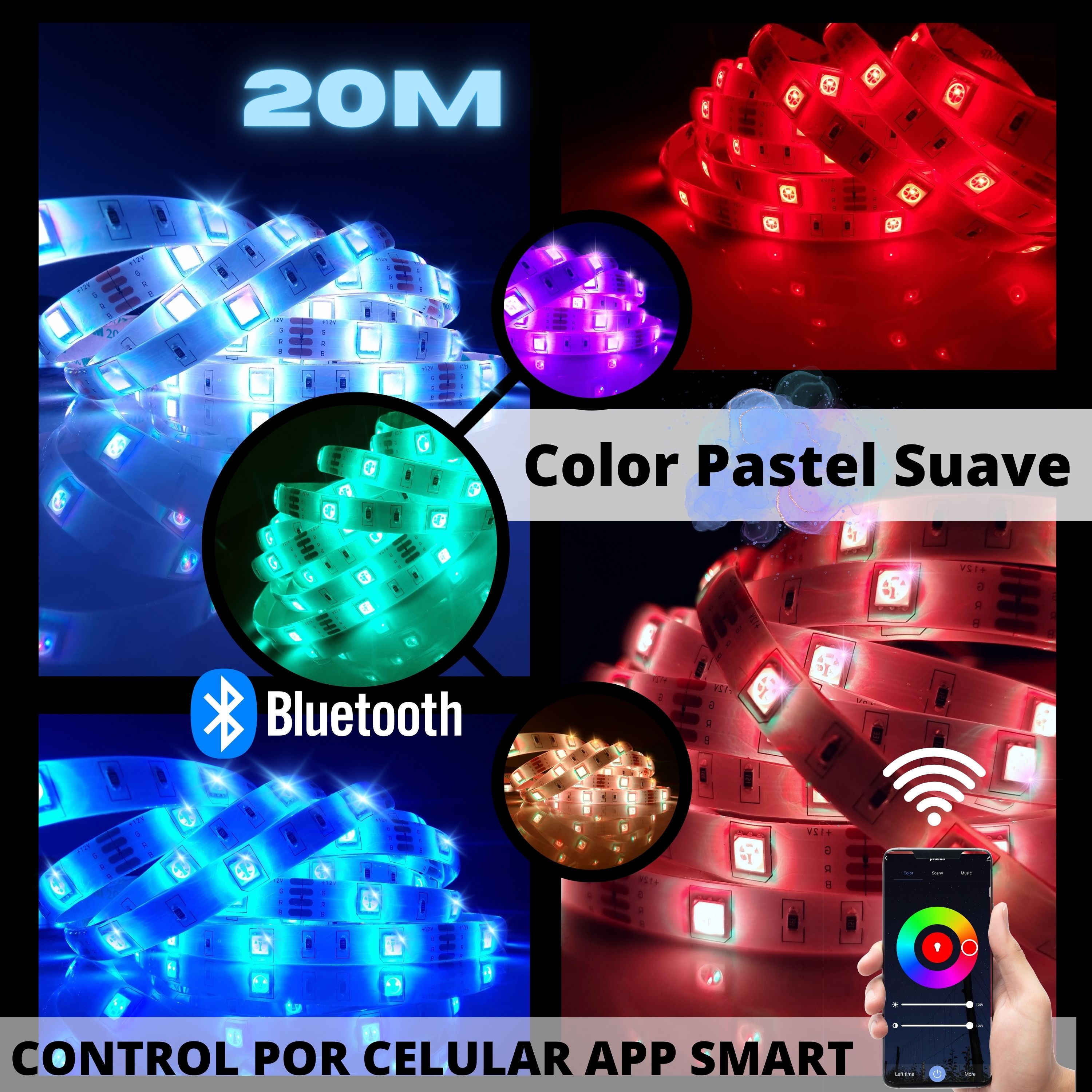 Foto 5 pulgar | Tira Led Rgb Bluetooth 20m (2x10m) Controlable Por App | Audiorítmica | Colores Pastel