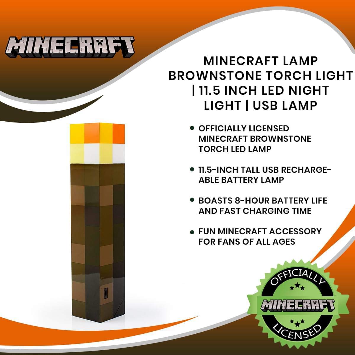 Foto 8 pulgar | Lámpara Minecraft Brownstone Linterna De 29 Cm Con Puerto De Carga Usb - Venta Internacional.