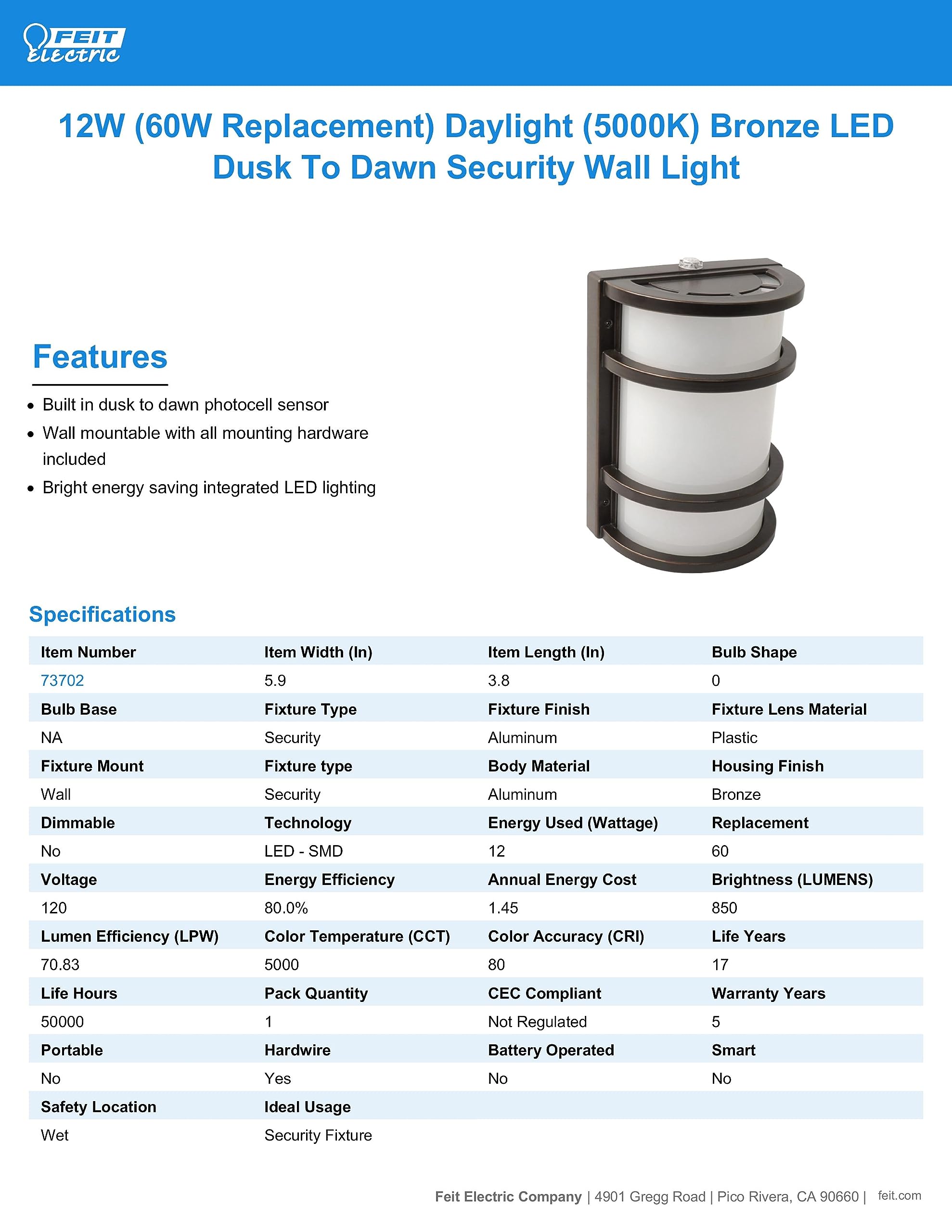 Foto 6 pulgar | Lámpara De Pared Exterior Feit Electric Dusk To Dawn Led 12w 5000k - Venta Internacional.