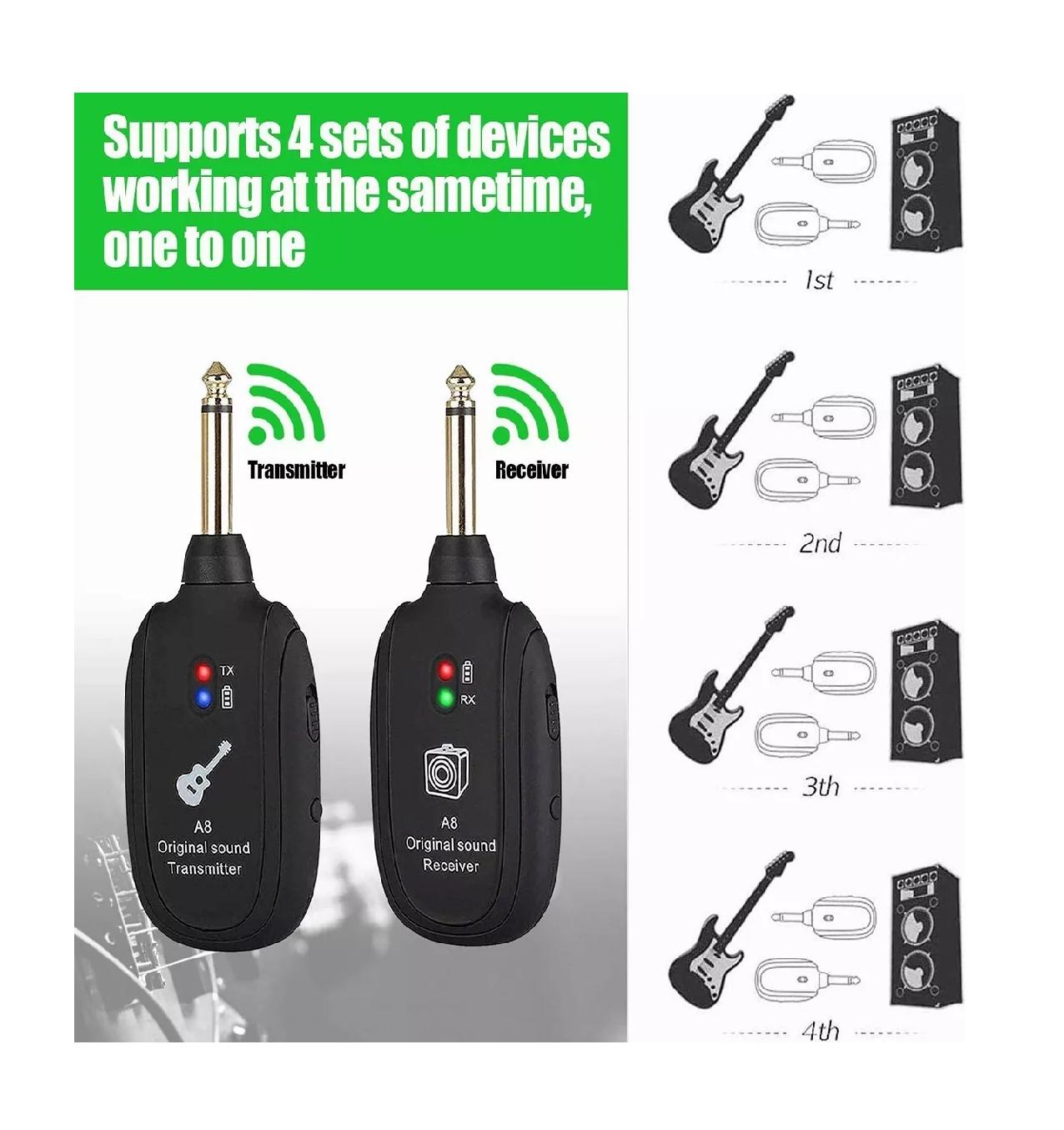 Foto 3 | Sistema Transmisor y Receptor Inalámbrico Guitarra UHF A8 Negro