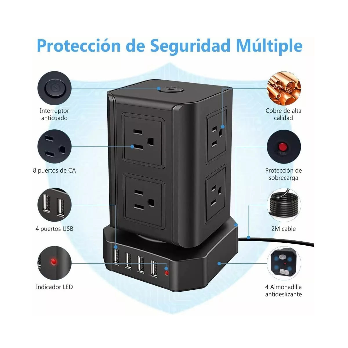 Foto 2 | Regleta Multicontacto Eo Safe Imports Tipo Torre 8 Salidas y 4 Puertos USB  ESI-8376 Negro