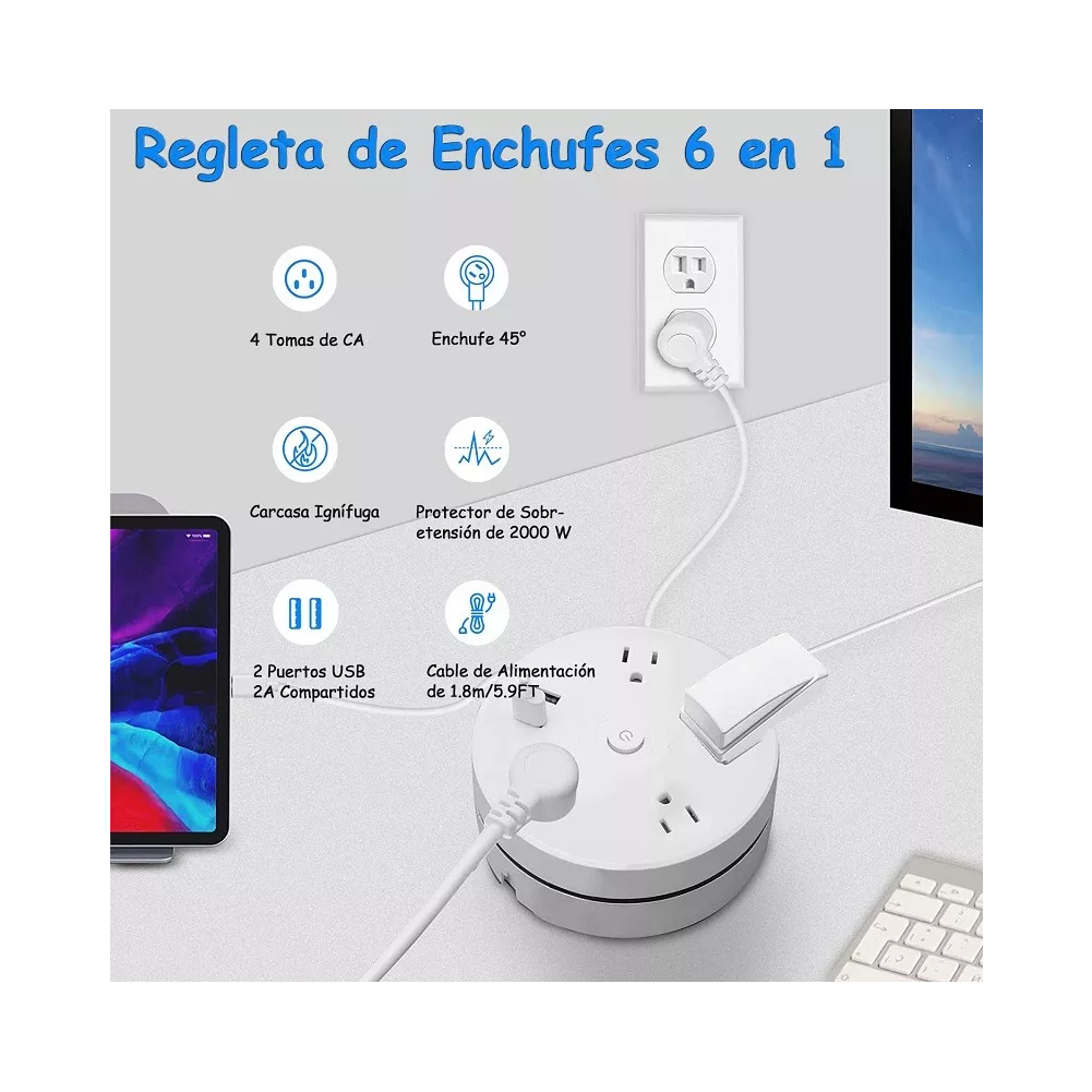 Foto 4 pulgar | Regleta Retráctil Con 4 Salidas 2 Usb Color Blanco