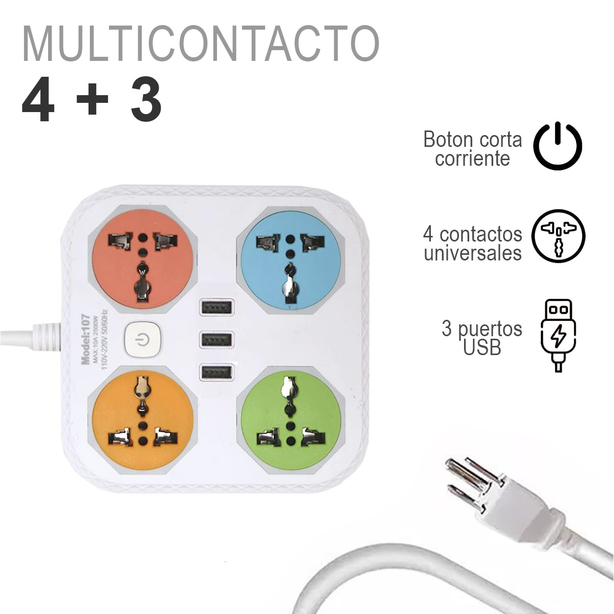 Foto 2 | Multicontacto Multiusos 4 Conectores y 3 Puertos Usb