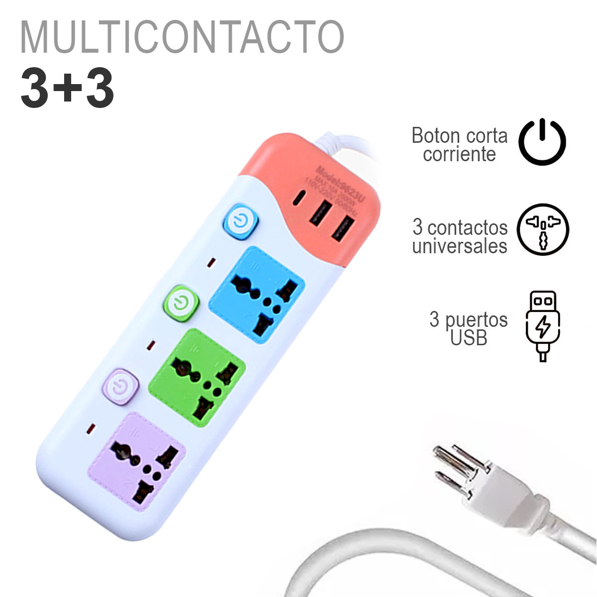 Foto 3 pulgar | Multicontacto KIMHI Extensión Multiusos Enchufe 3 Contactos 2 Puertos Usb y 1 Tipo C Universales