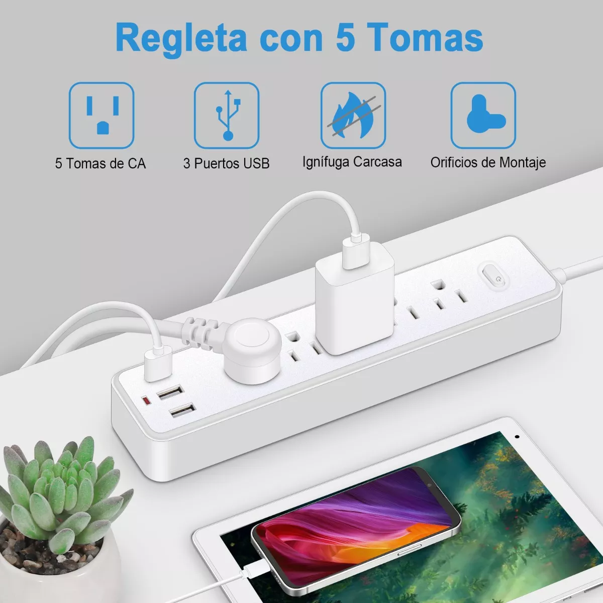 Foto 3 pulgar | Regleta Cargador Multicontactos con 5 Salidas y 3 Usb Eo Safe Imports Esi-11016 Blanco