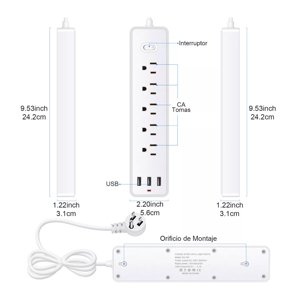 Foto 5 | Regleta Cargador Multicontactos con 5 Salidas y 3 Usb Eo Safe Imports Esi-11016 Blanco