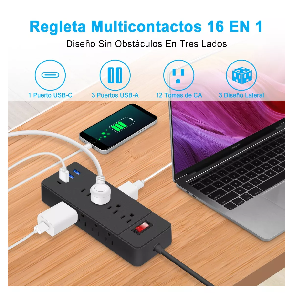 Foto 3 pulgar | Regulador Cargador Multicontactos Con 12 Tomas 3 Usb 1 Tipoc Eo Safe Imports Esi-11733 Negro