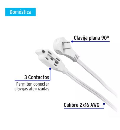 Foto 3 pulgar | Extensión Eléctrica Doméstica 3 M Blanca Con Clavija Plana