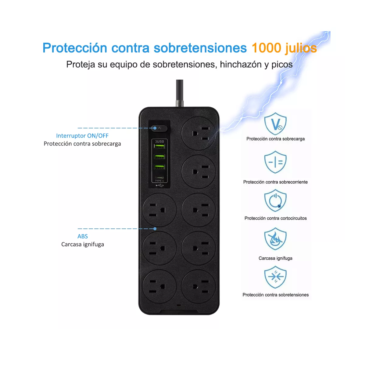 Foto 3 pulgar | Regleta Cargador Multicontactos Premium Con 8 Salidas 3 Puertos Usb 1 Tipo C Eo Safe Imports  Esi-14289 Negro