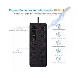 Foto 2 | Regleta Cargador Multicontactos Premium Con 8 Salidas 3 Puertos Usb 1 Tipo C Eo Safe Imports Esi-14289 Negro
