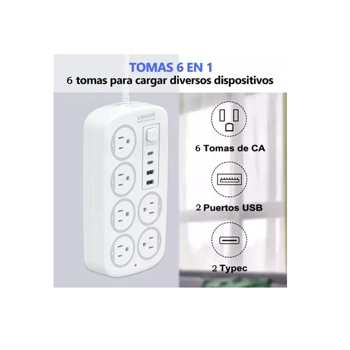 Foto 3 pulgar | Cargador Regleta Multicontacto De 6 Tomas 2 Usb 2 Tipo C Eo Safe Imports Esi-14290 Blanco