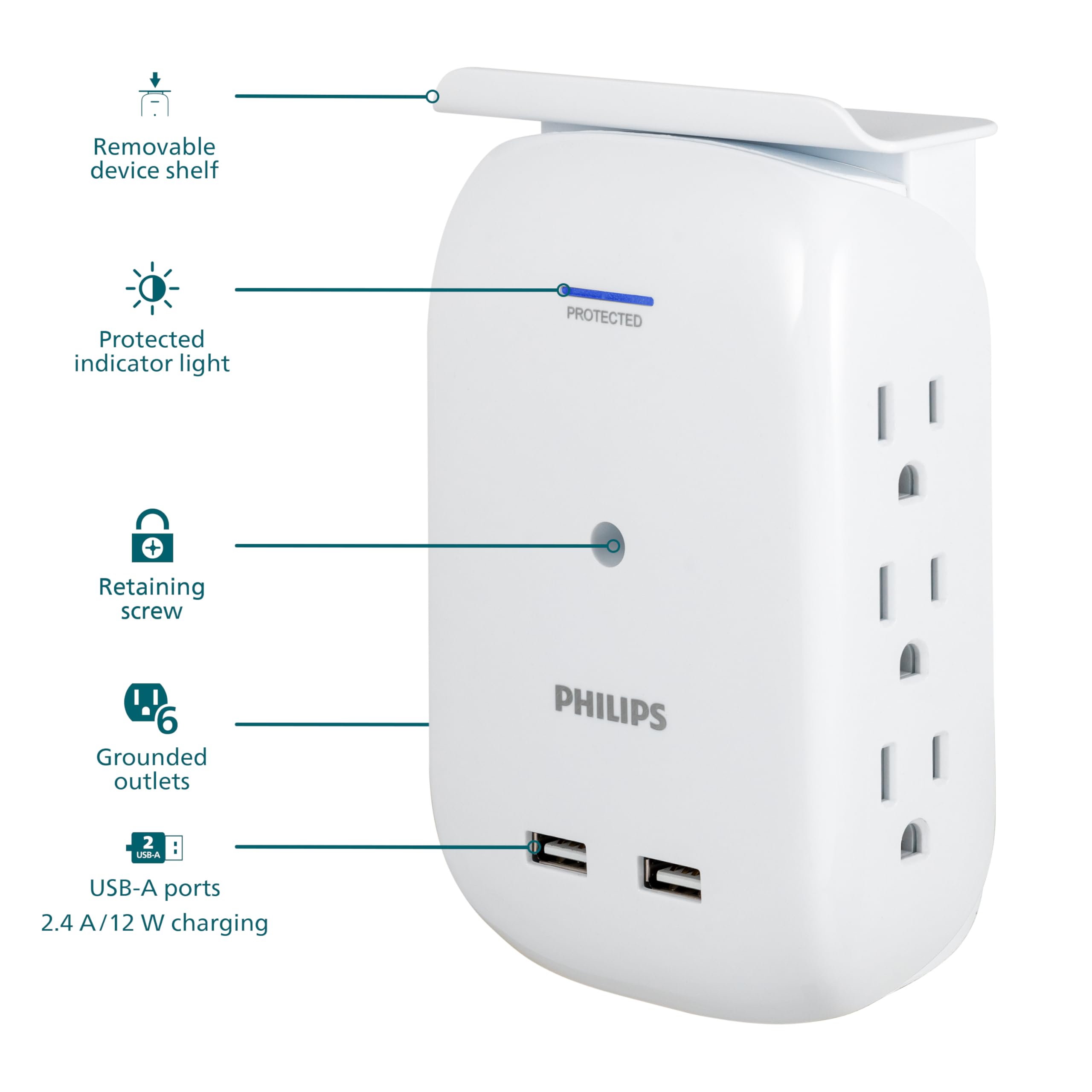 Foto 2 | Grifo Con Toma De Corriente Philips Sps6022wa/37, 6 Salidas, 2 Usb, Color Blanco - Venta Internacional.