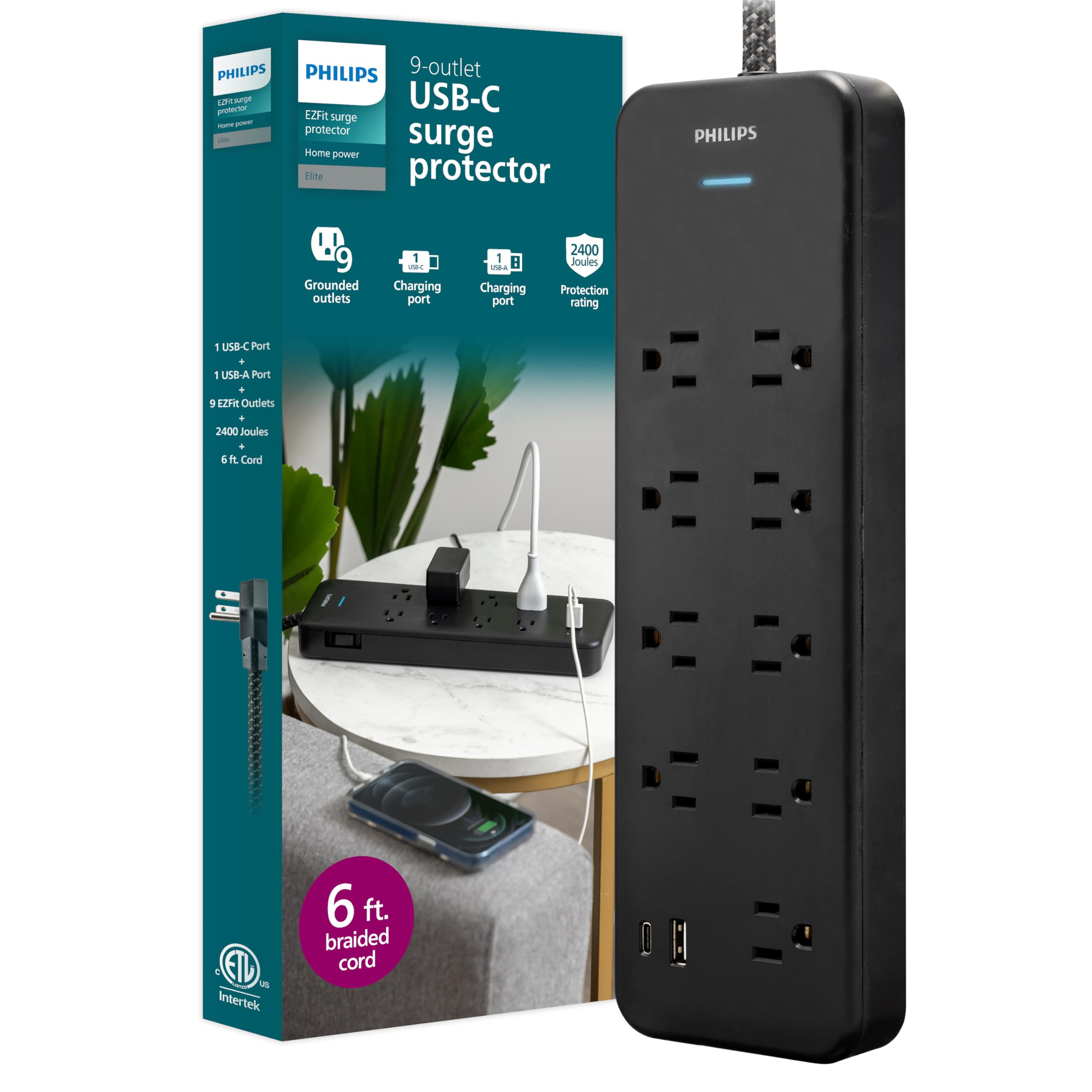 Protector Contra Sobretensiones Philips Spp3983b/37 De 9 Salidas 2400j Con Usb - Venta Internacional.