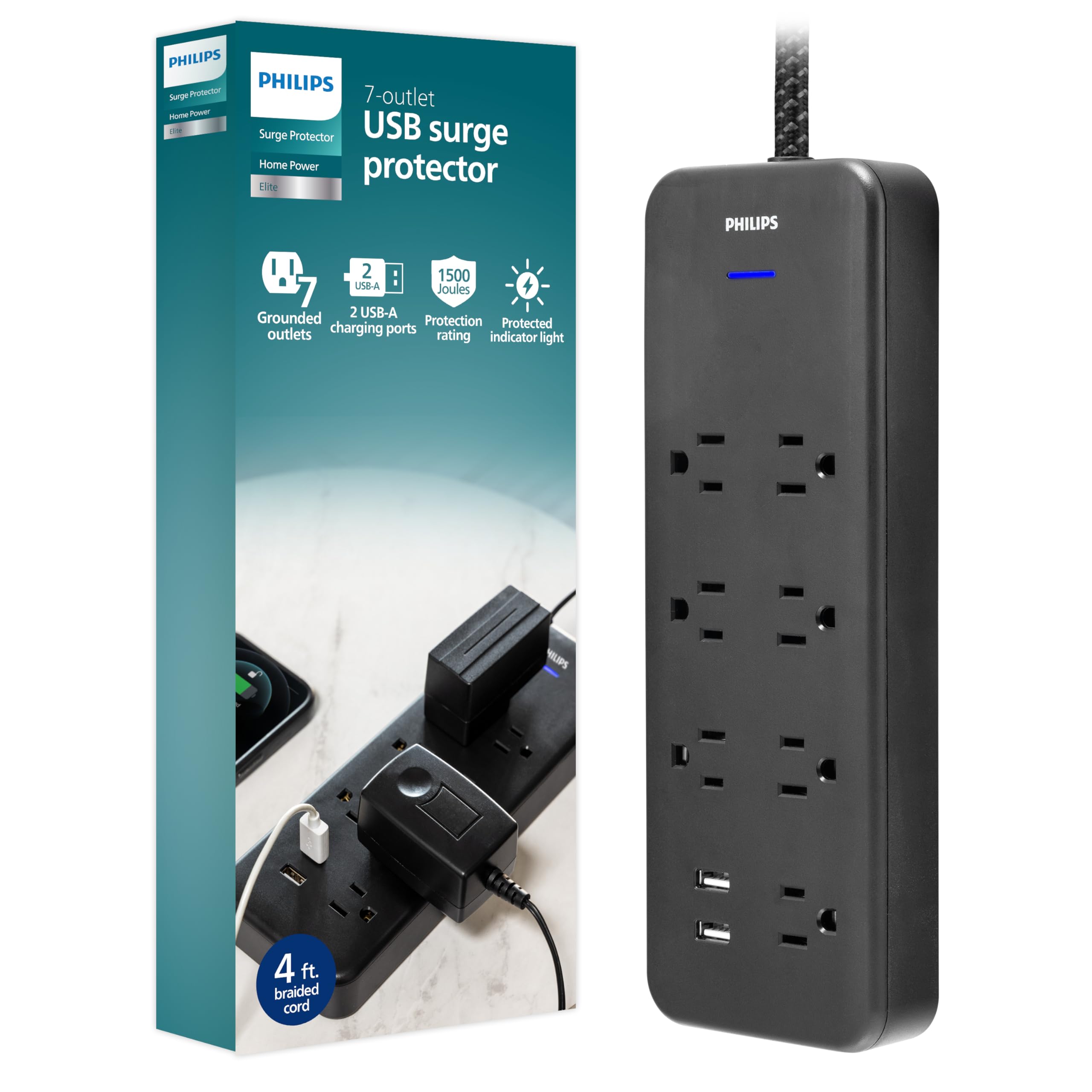 Regleta De Alimentación Con Protector Contra Sobretensiones Philips Ezfit De 7 Salidas +2 Usb - Venta Internacional.