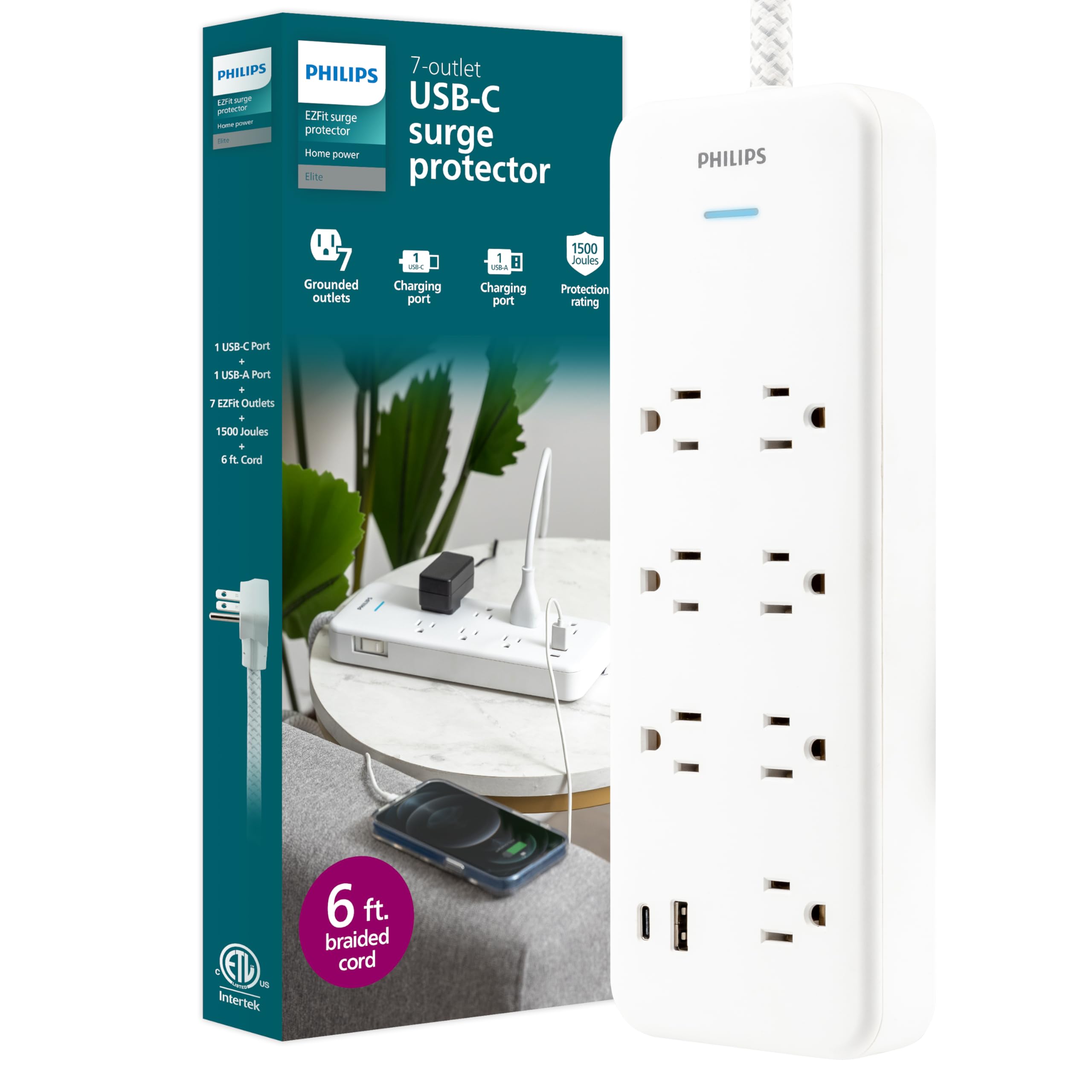 Protector Contra Sobretensiones Philips Spp3983w/37, 7 Salidas 1500j Con Usb - Venta Internacional.