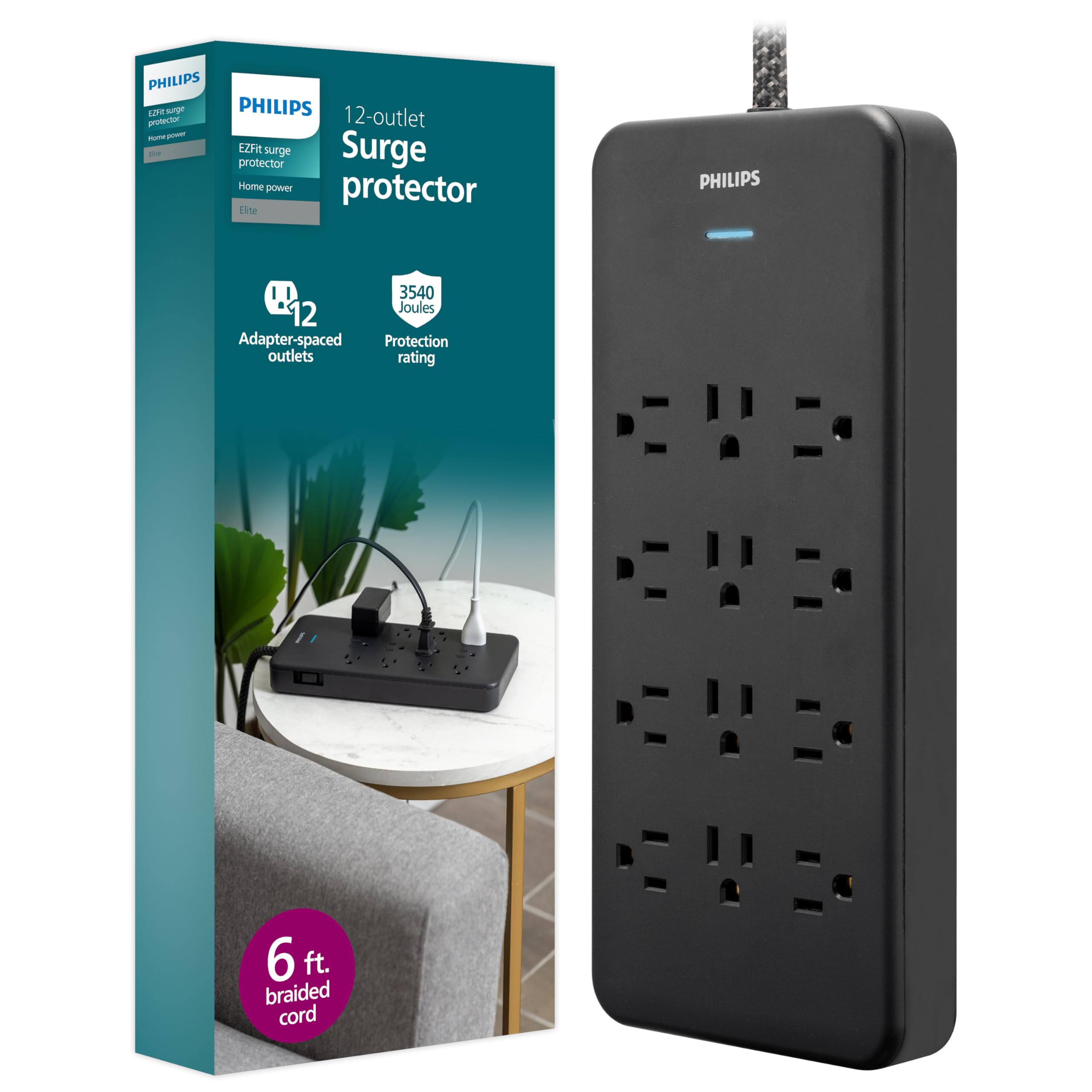 Protector Contra Sobretensiones Philips Spp3813b/37, 12 Salidas 3500j, Negro - Venta Internacional.