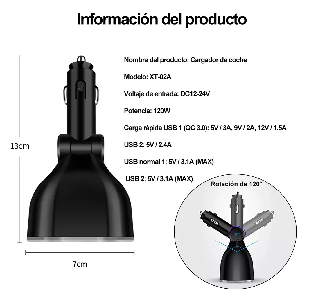 Foto 3 pulgar | Cargador y Encendedor para Auto 2 Usb Negro