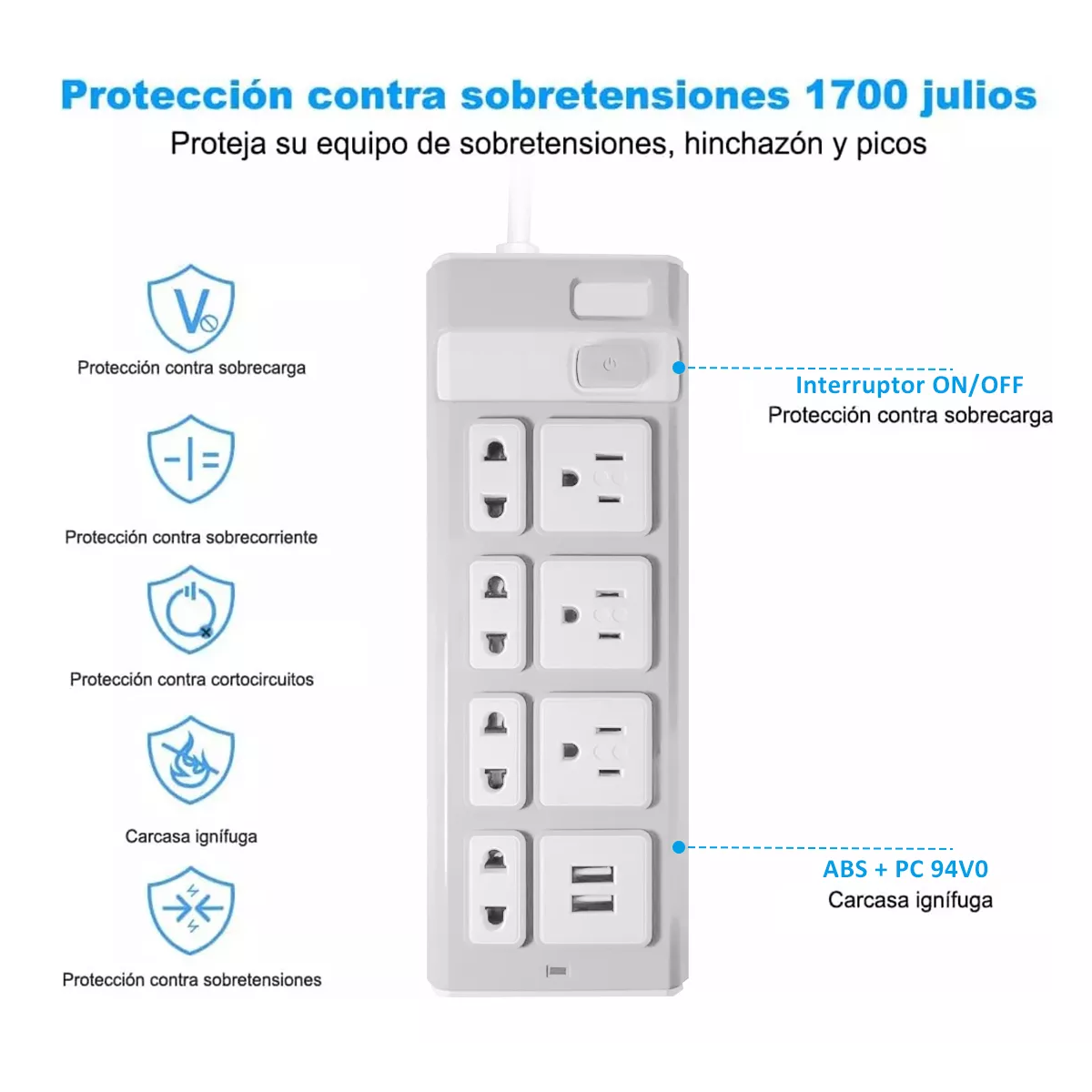 Foto 3 pulgar | Regleta Multicontactos De 7 Salidas Tomas 2 Puertos Usb 2m Eo Safe Imports Esi-17412 Blanco