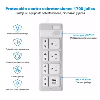Foto 2 | Regleta Multicontactos De 7 Salidas Tomas 2 Puertos Usb 2m Eo Safe Imports Esi-17412 Blanco