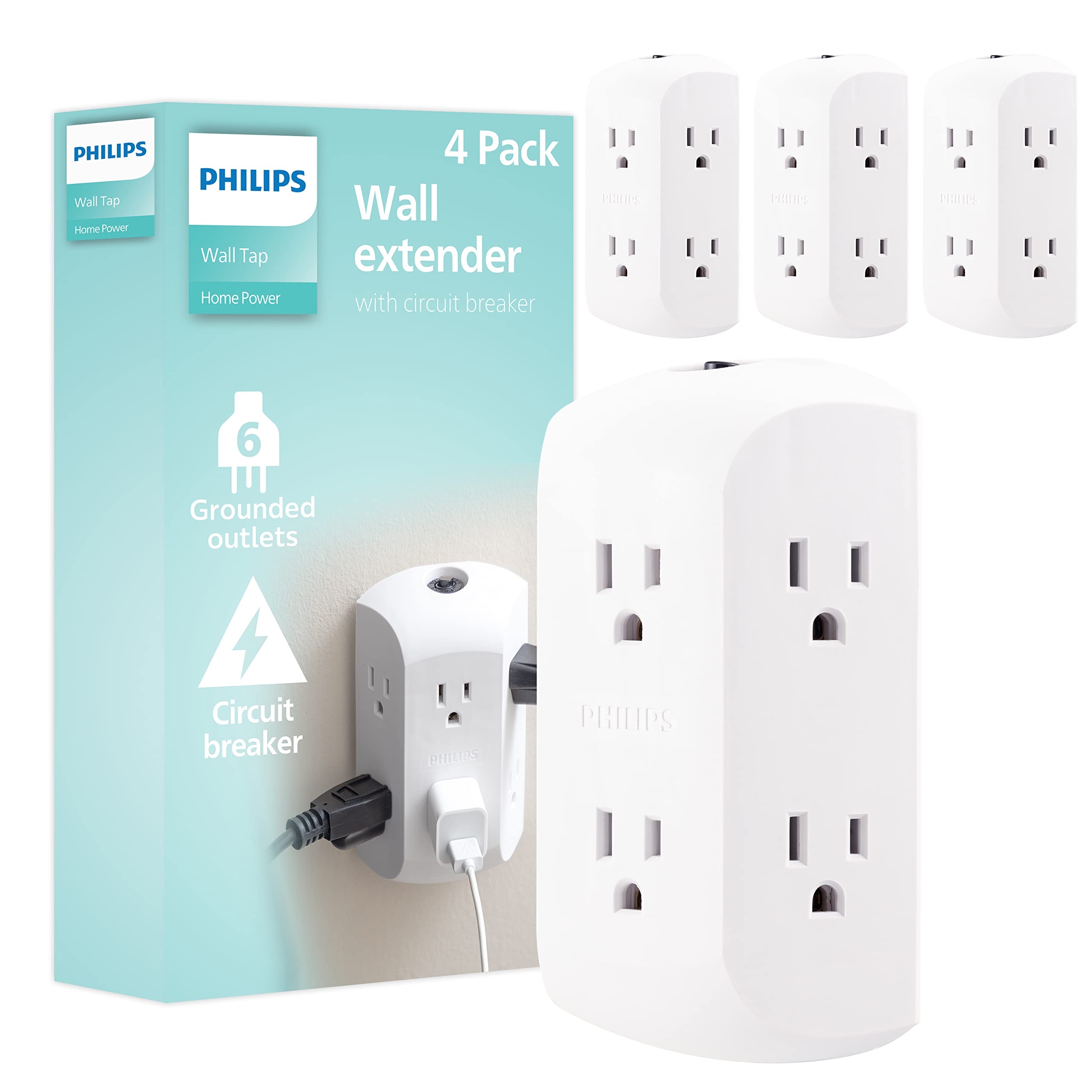 Foto 1 | Extensor De Enchufe Philips, 6 Salidas, Paquete De 4, Grifo De Pared Con Conexión A Tierra - Venta Internacional.