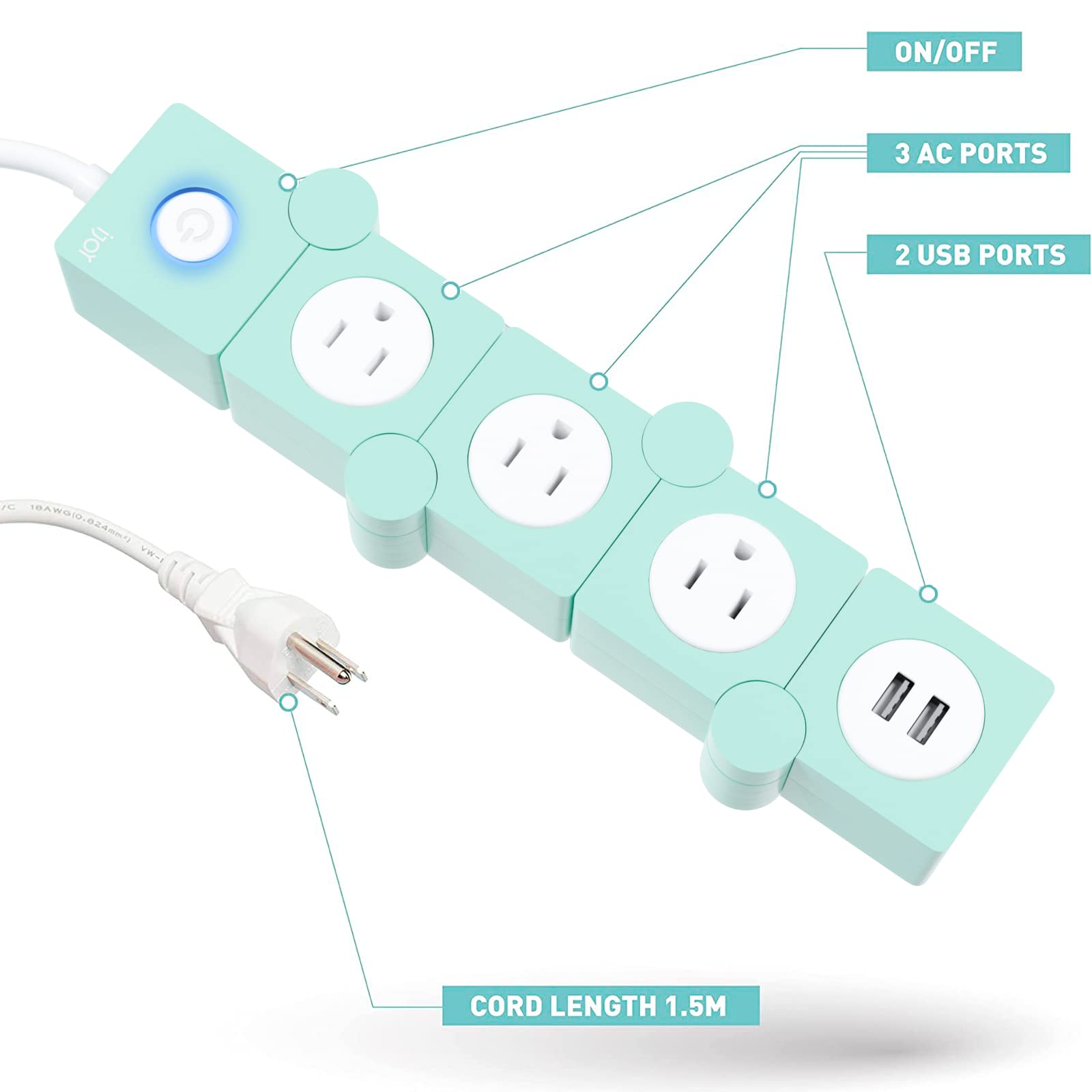 Foto 2 | Power Strip Ijoy Twyster, 3 Tomas De Corriente Alterna, 2 Puertos Usb, Cable De 1,5 M, Color Verde - Venta Internaciona