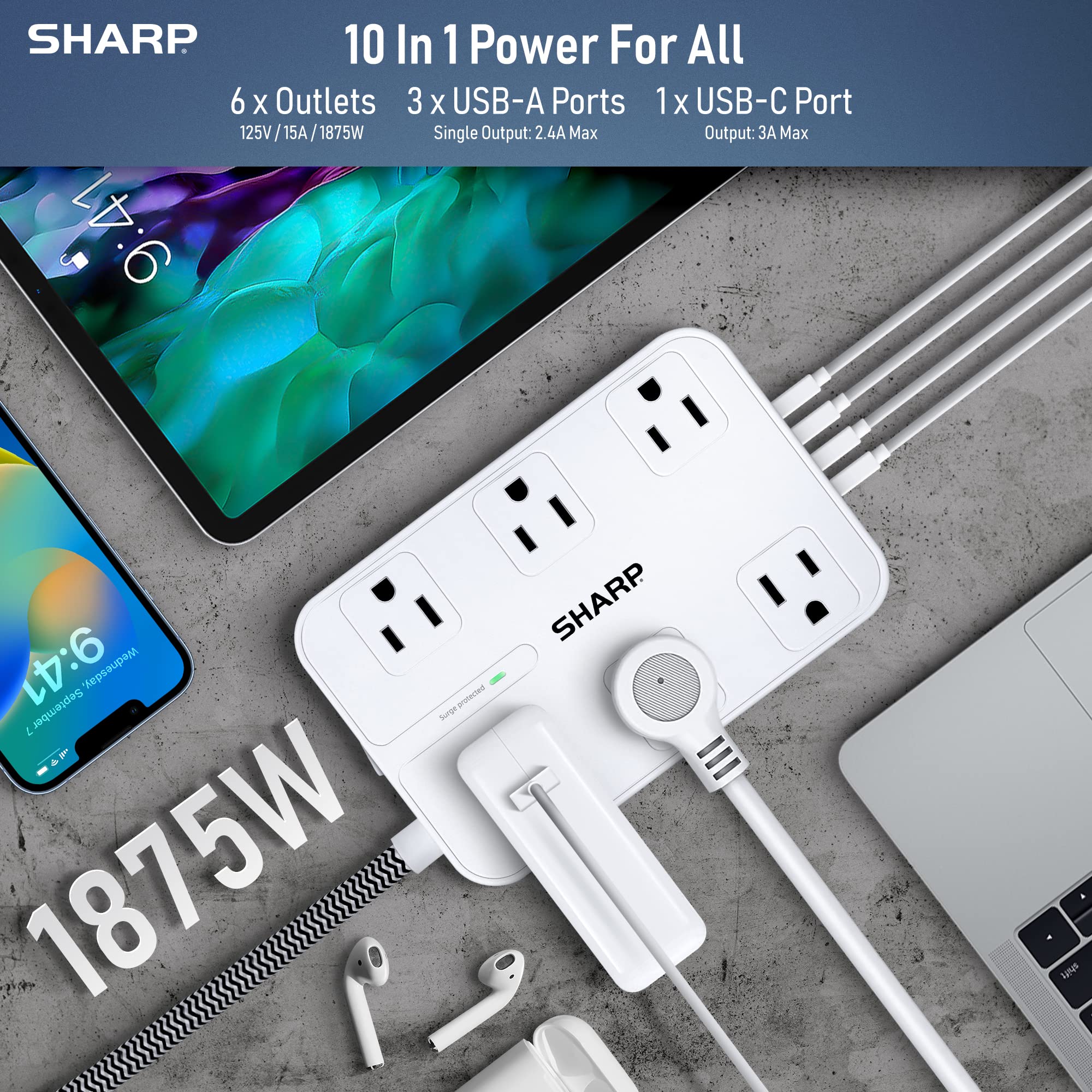 Foto 3 pulgar | Protector Contra Sobretensiones, Power Strip, 6 Salidas Y 4 Puertos Usb - Venta Internacional.