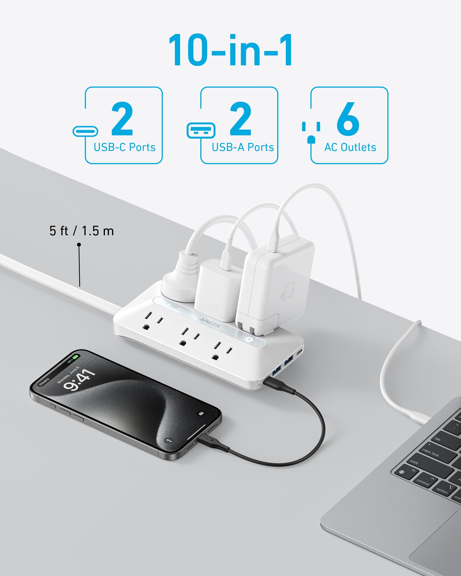 Foto 4 pulgar | Power Strip Anker 10 En 1, 20 W, Usb C 6 Ac, 2 Usb A/2 Usb C, 5 Pies - Venta Internacional.
